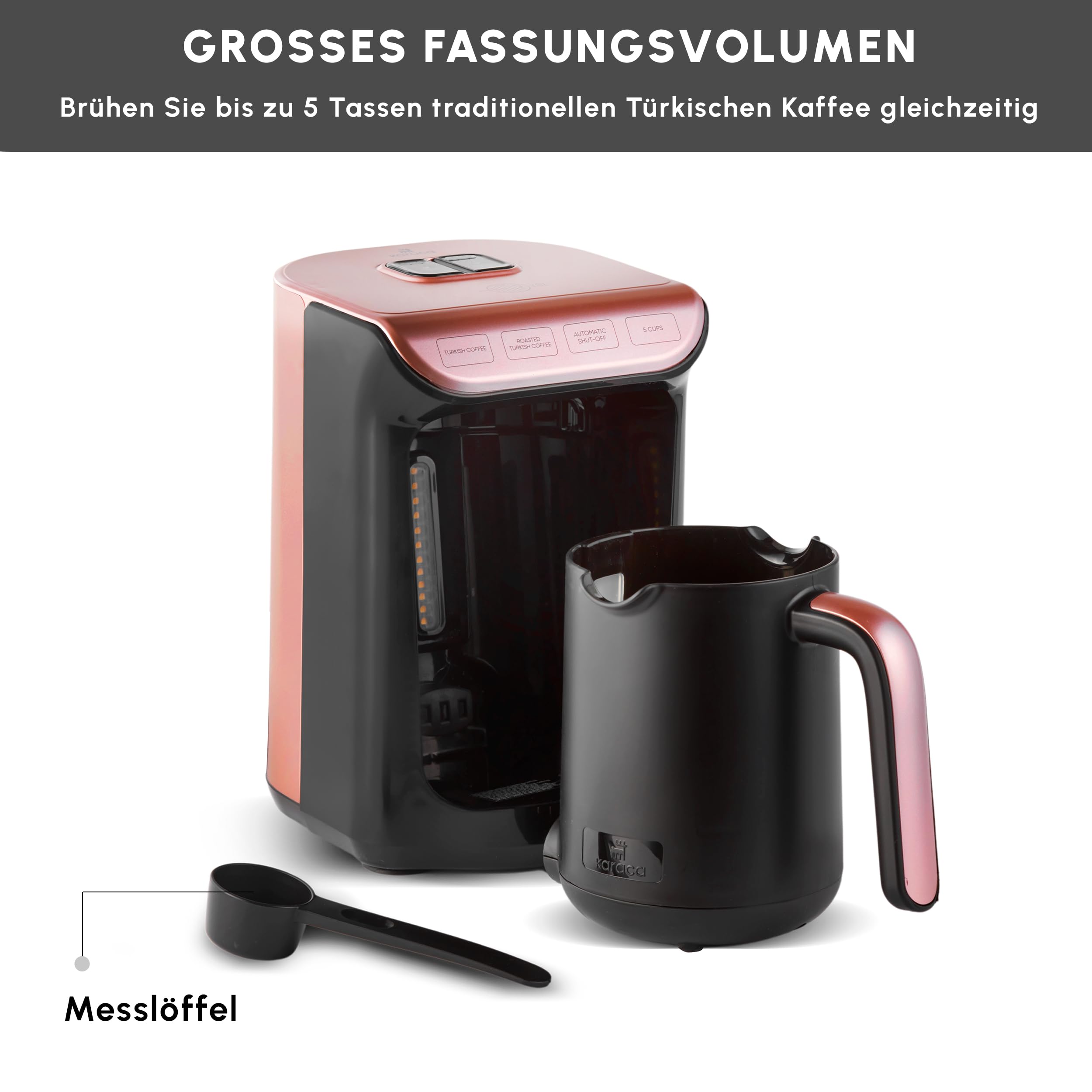 Karaca Hatır Roast Machine à café turque or rose Capacité 5 tasses Beaucoup de mousse, 535W, Système d'alerte vocale, Système d'alerte lumineux, Cuillère de mesure, Nettoyage facile