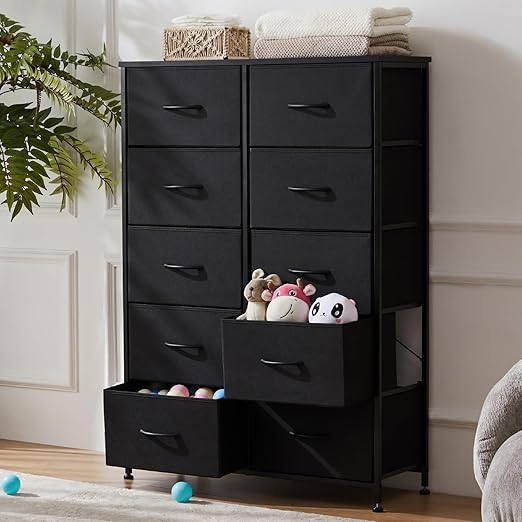 DUMOS Dresser for Bedroom, 10 Storage Drawers, Wide Fabric Closet Chests Organizer Tower Furniture with Wooden Top Metal Frame for Clothes, Guest Room, Living Room, Hallway, Entryway