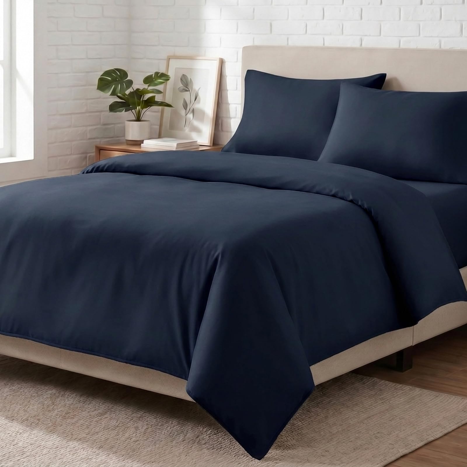 M&J Home 4 Piece Microfibre Complete Bedding Set Navy King - Duvet Cover, 35cm Extra Deep Fitted Sheet & Pillowcase(s)