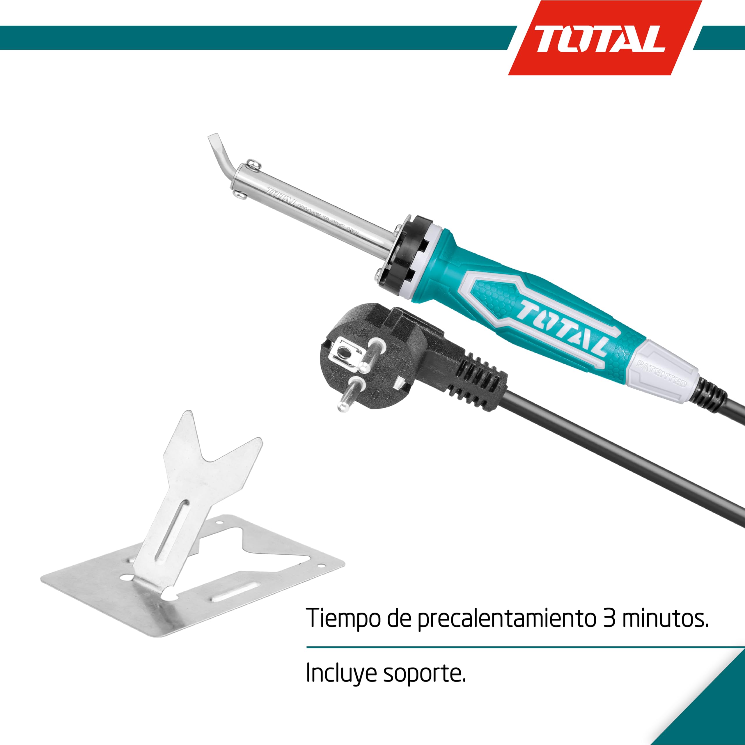 TOTAL - Soldador Eléctrico de Punta Curva de Cable con Potencia de 60 W - Calentamiento en 3-5 minutos - Incluye Soporte - 220-240 V - Adecuado para Manualidades