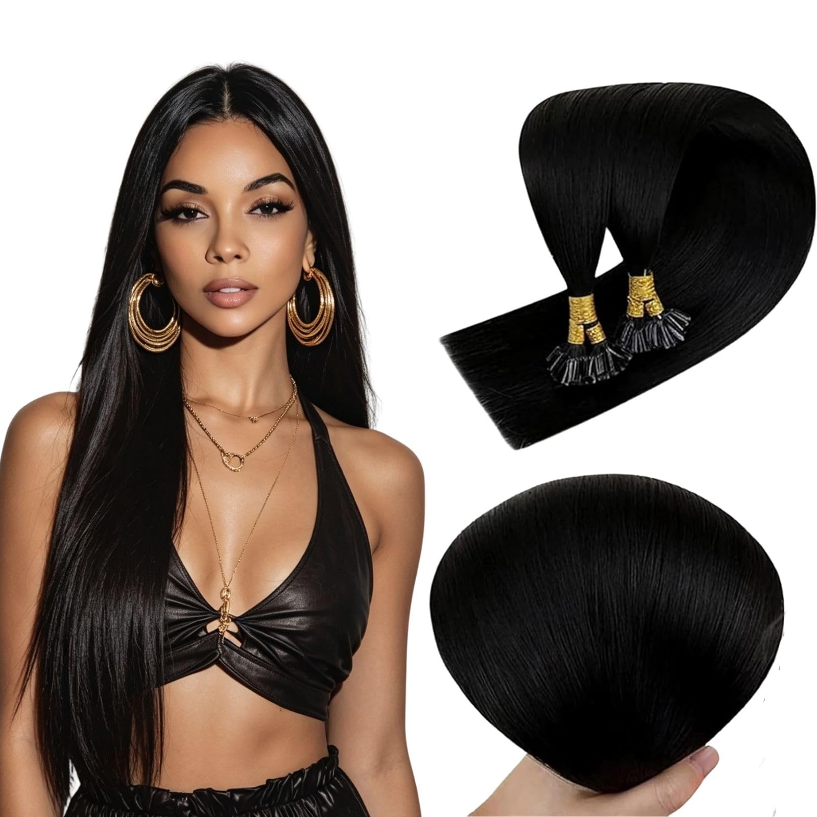 RUNATURE Extension Cheveux Naturel Keratine Noir de Jais 55cm 50s 50g #