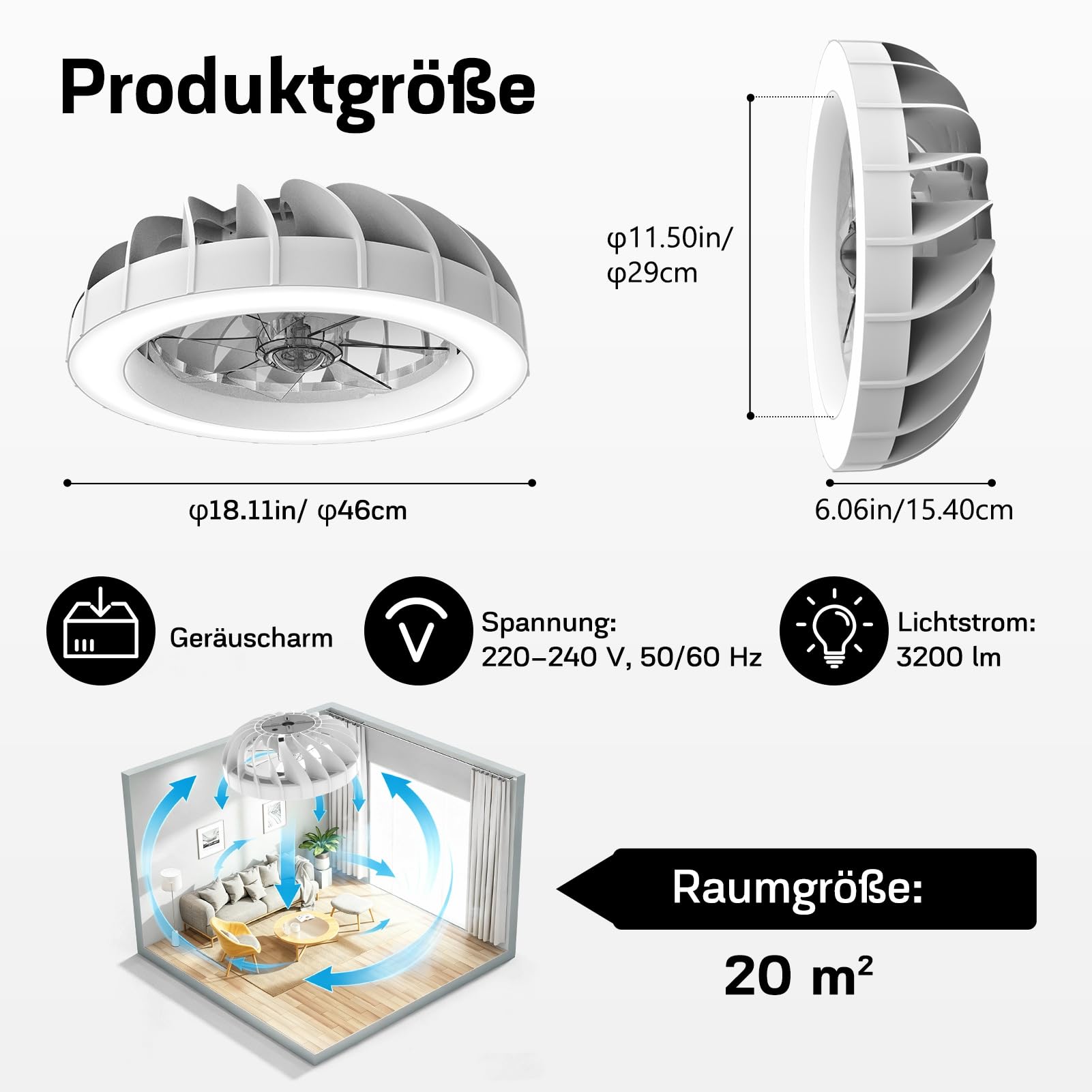 LED Deckenventilator mit Beleuchtung, 48cm Modern, 48W Dimmbar, Fernbedienung, Schwarz-Weiß Ring Design, 220V