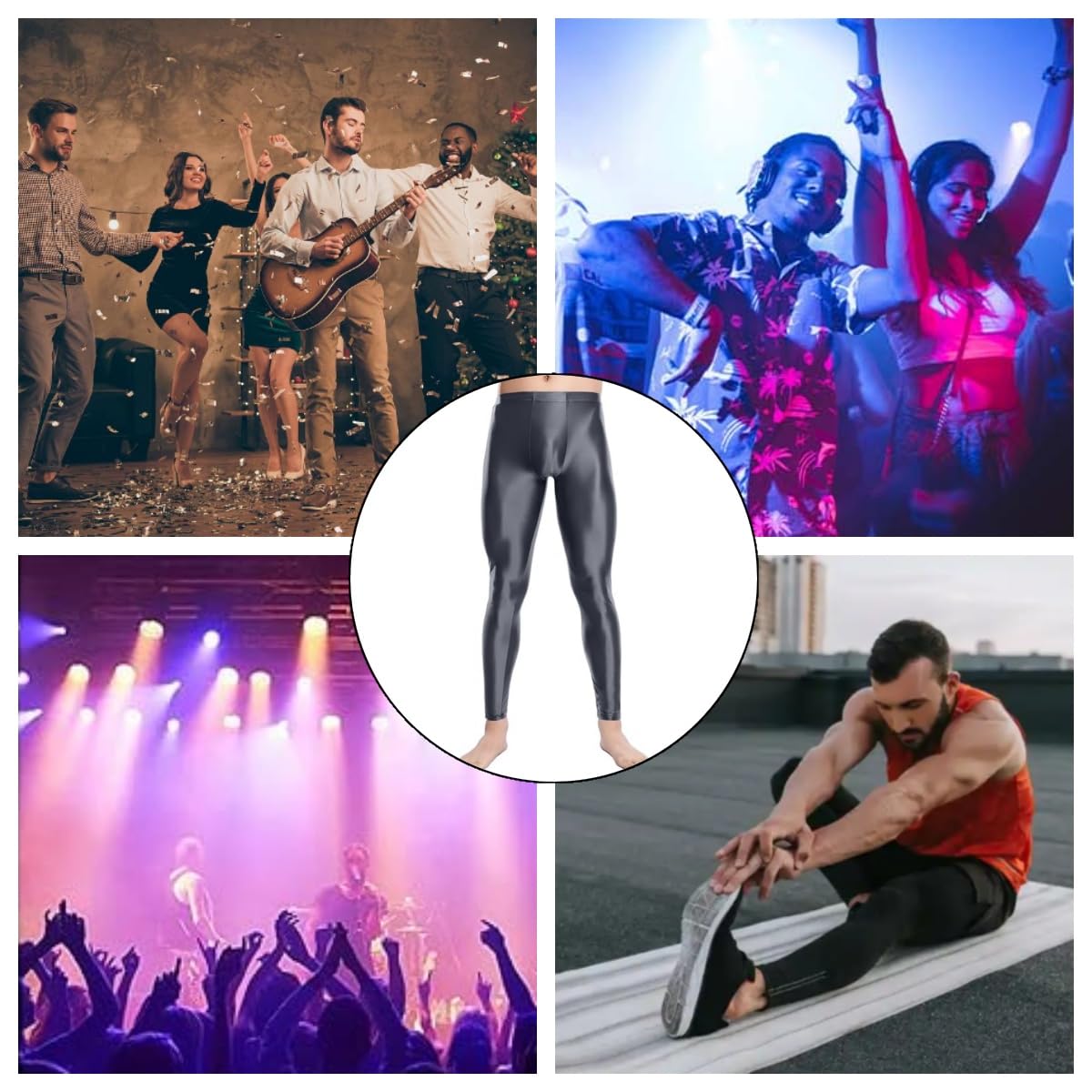 Leggings lucidi da uomo, a vita alta, controllo della pancia, pantaloni sportivi lucidi per yoga, leggings elasticizzati in spandex per discoteca anni '80, slim fit, tinta unita, pantaloni a lunghezza
