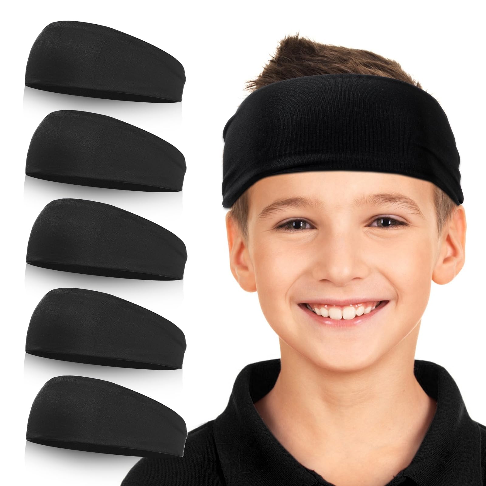 Photo 1 of Sports Headbands for Kids, 5 Pack Moisture Wicking Sweatbands for Footable Soccer Baseball Running for Boys and Girls 5-15 Years Old
