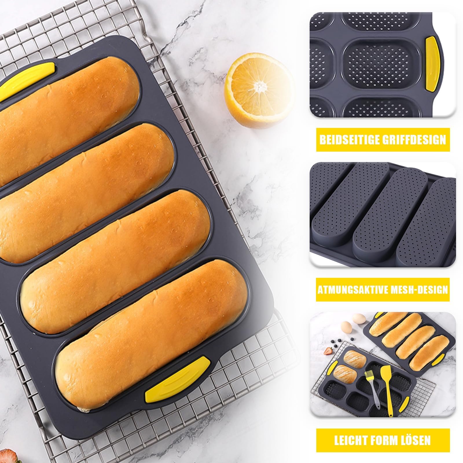 Stampo per Baguette, 2 Pezzi Stampo per Baguette in Silicone Antiaderente, Stampo per Panini, Stampi per Baguette, con Taglierina e Pennello in Silicone, per Cuocere il Pane in Cucina, Grigio