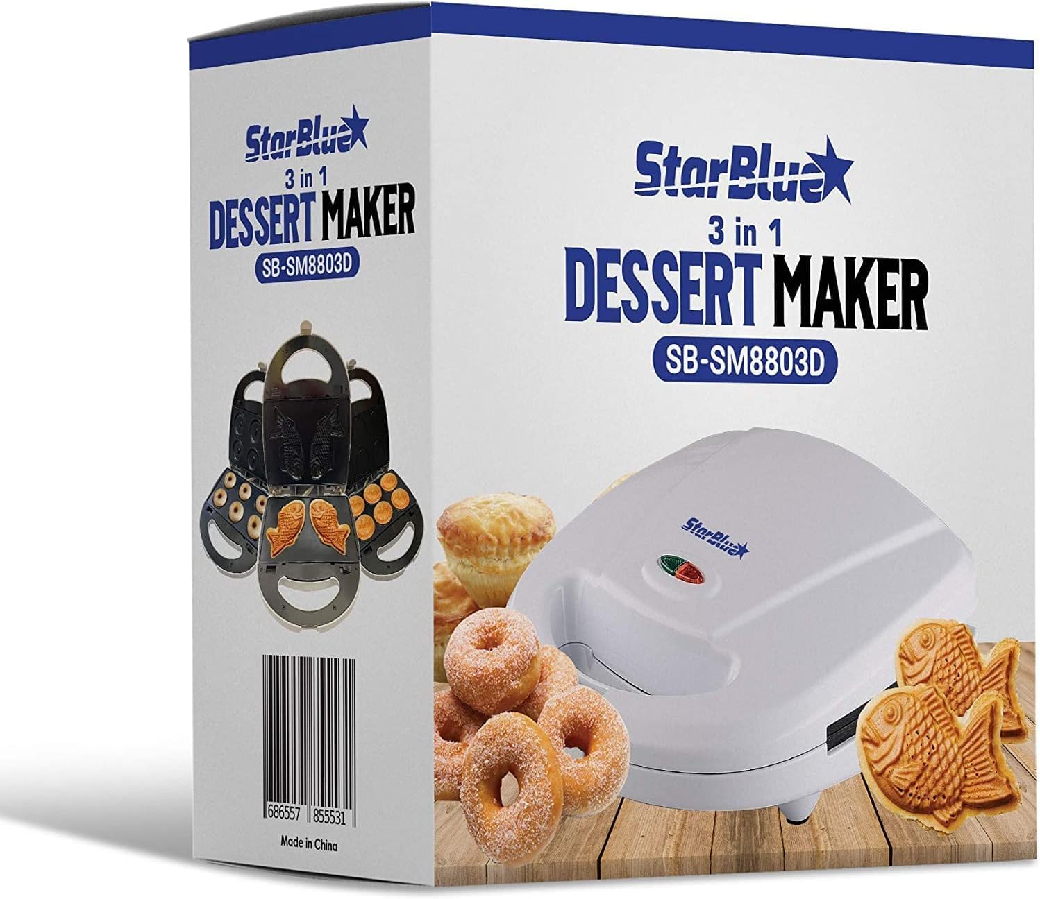 StarBlue Appareil Pour Petits Beignets, Tartes Et Quiches, Machine A Taiyaki, 3 En 1, Avec Plaque Amovible, 220-240 V CA, 50/60 Hz, 700-800 W, Blanc