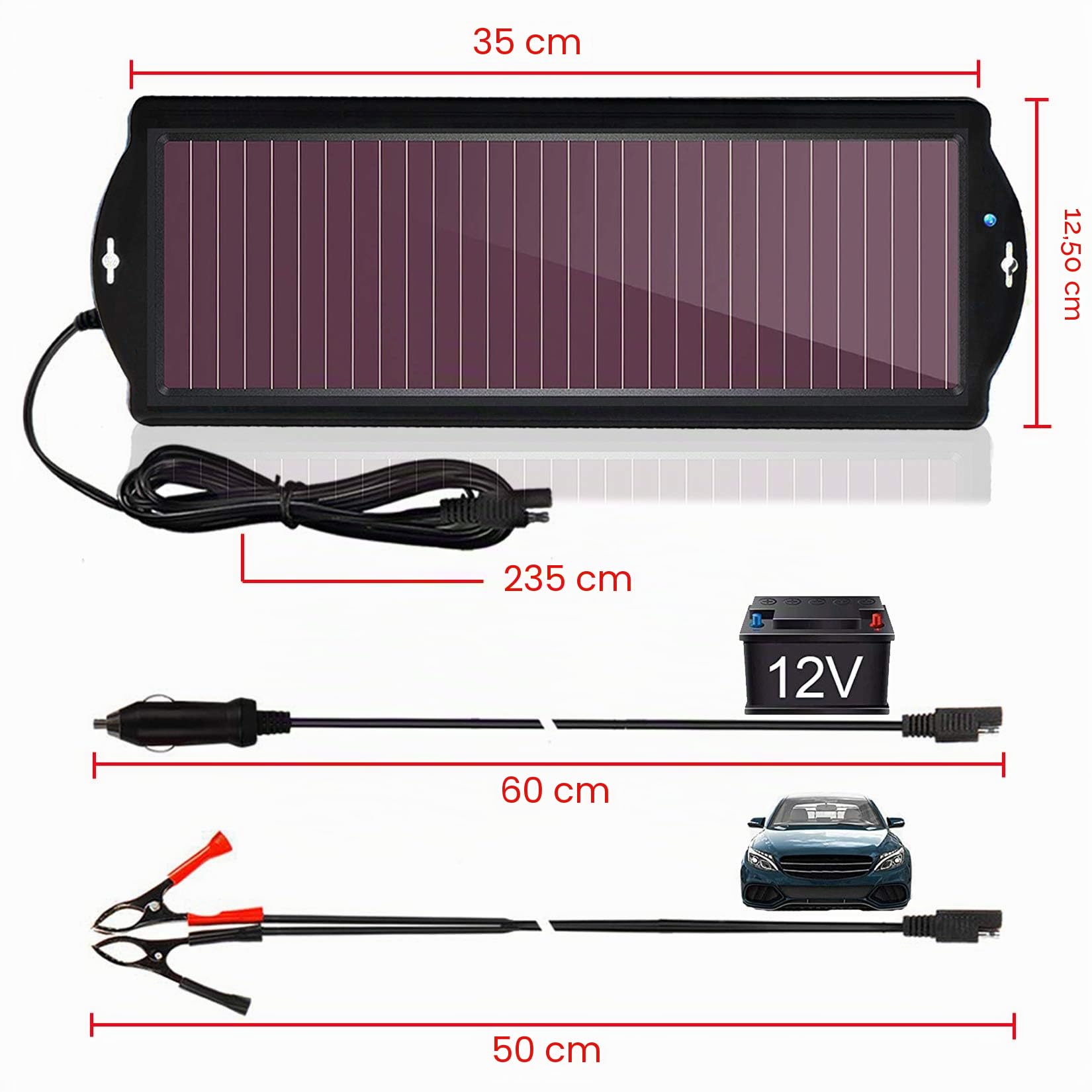 Caricabatteria da auto solare, pannello solare amorfo portatile impermeabile 12 V 2,5 W con morsetto per batteria per accendisigari per auto, moto, barca, camper, rimorchio, ecc.