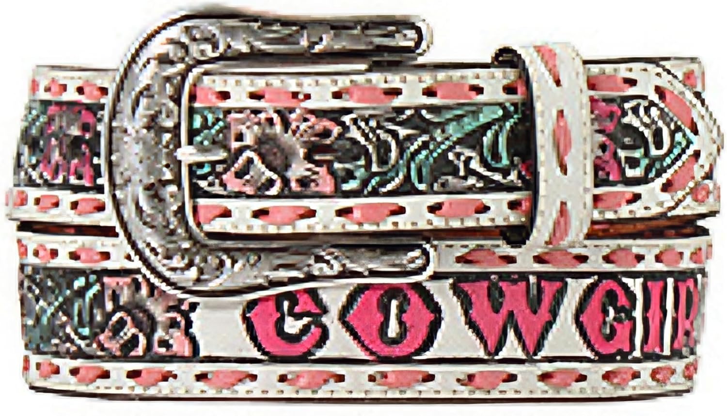 Angel Ranch Women's Belt, Floral Embossed Leather with Cowgirl Wording, Antique Silver Buckle