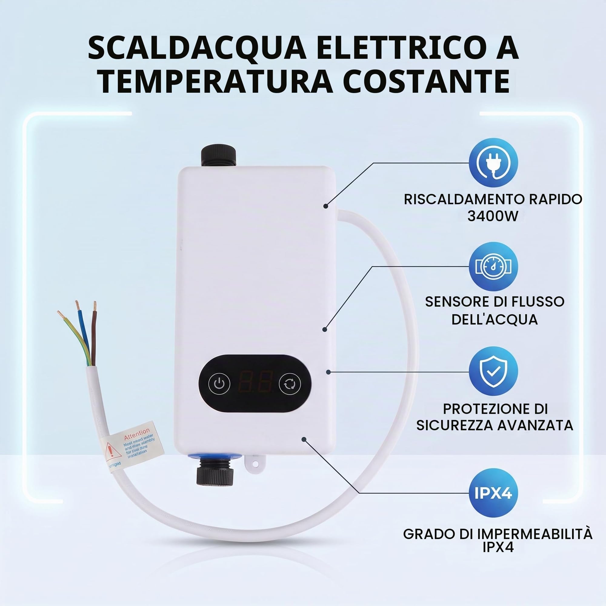 Scaldabagno Elettrico Senza Serbatoio, Scaldabagno Elettrico Istantaneo a Risparmio Energetico Sicuro in Acciaio Inossidabile per Bagno