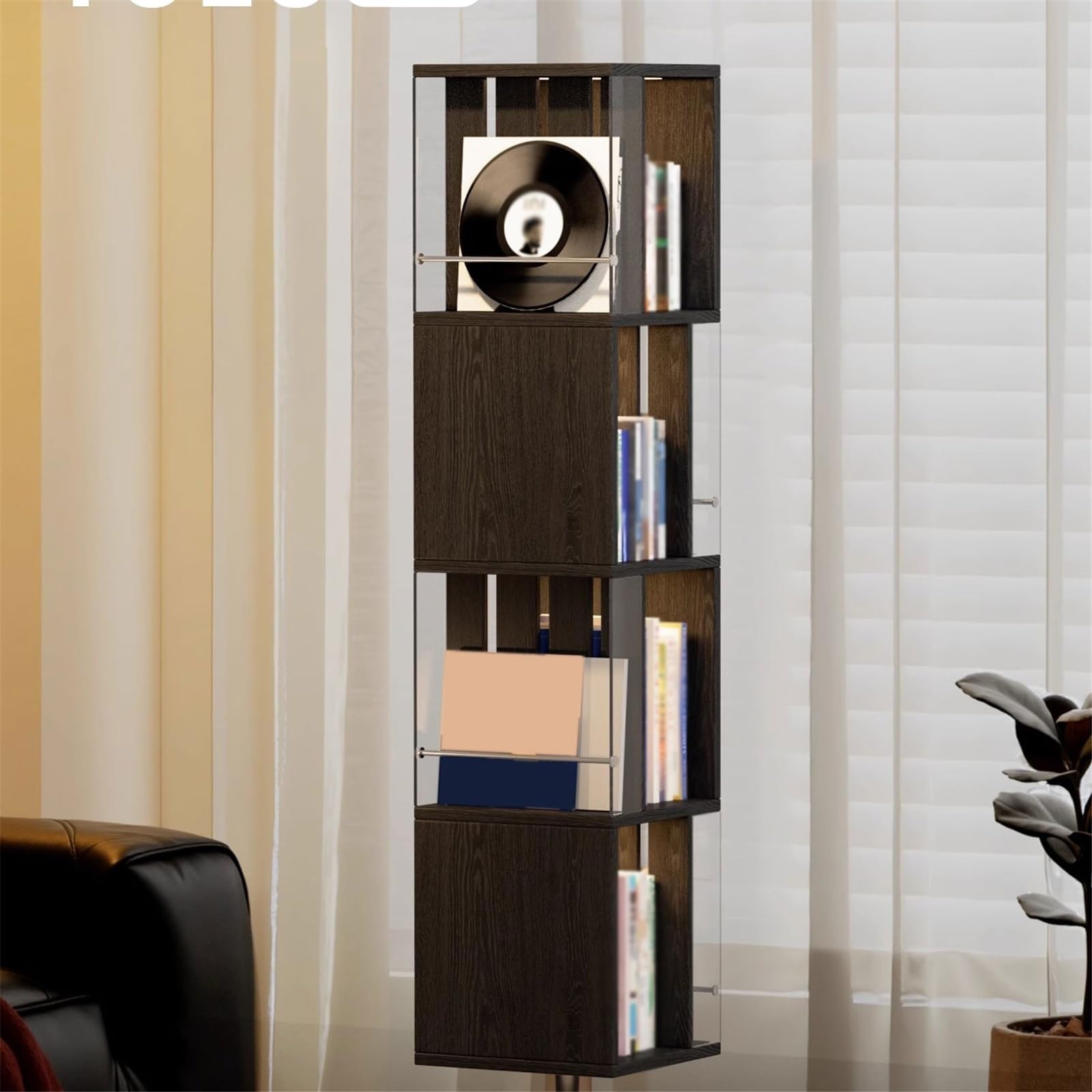 Custodia per CD Porta CD girevole in legno for soggiorno con telaio in acciaio inossidabile, espositore for dischi Portadischi