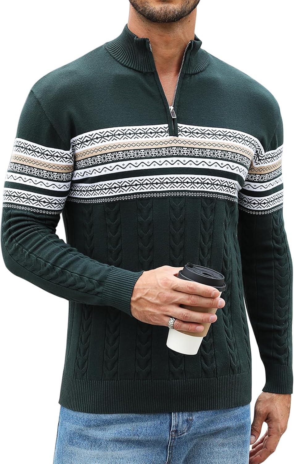 Men's Quarter-Zip Up Pullover Sweater Striped Slim Fit Sweater Casual Lightweight Warm Long Sleeve Mock Neck Sweater - Image 7