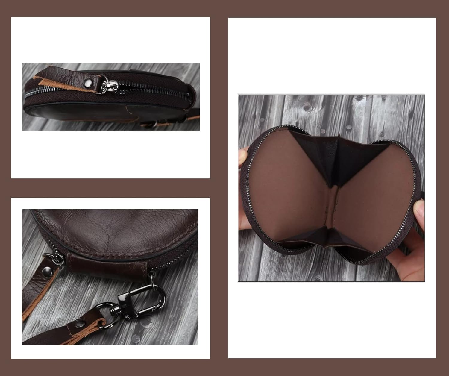 Genuine Leather Patchwork Retro Round Coin Purse Change Pouch Small Slim Clutch Wristlet RFID Blocking Wallet (Burgundy) - Image 4