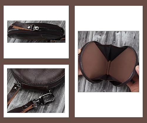 Miniatura 4 de Monedero redondo retro de cuero genuino con retazos, bolsa de cambio, pequeña cartera delgada con bloqueo RFID (borgoña)