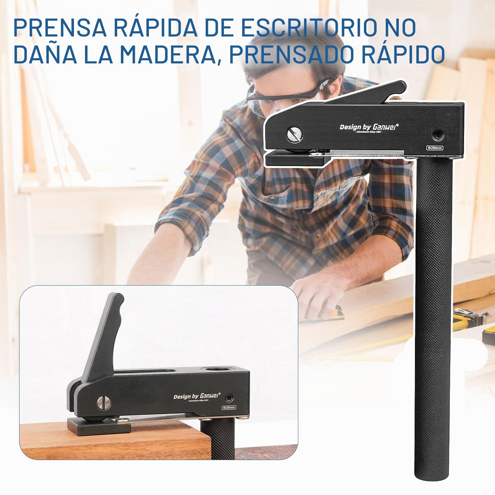 2 Piezas Sargentos de Apriete Ajustable + 4 Perros de Banco de Trabajo, 20 mm Sargentos para Madera, Juego de Sujeción de Orificio para Perro, Clip de Escritorio para Carpintería