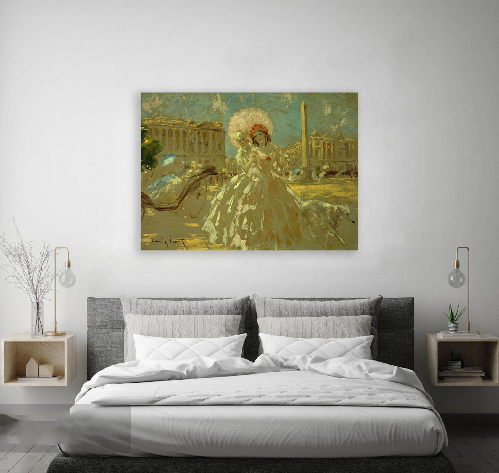 Arte Mural Famoso de Louis Icart. Cuadro sobre Lienzo Enmarcado. Plaza de la Concordia Reproducción de Carteles y láminas. Cuadros de decoración del hogar 50x75cm (19.7x29.6in) enmarcados