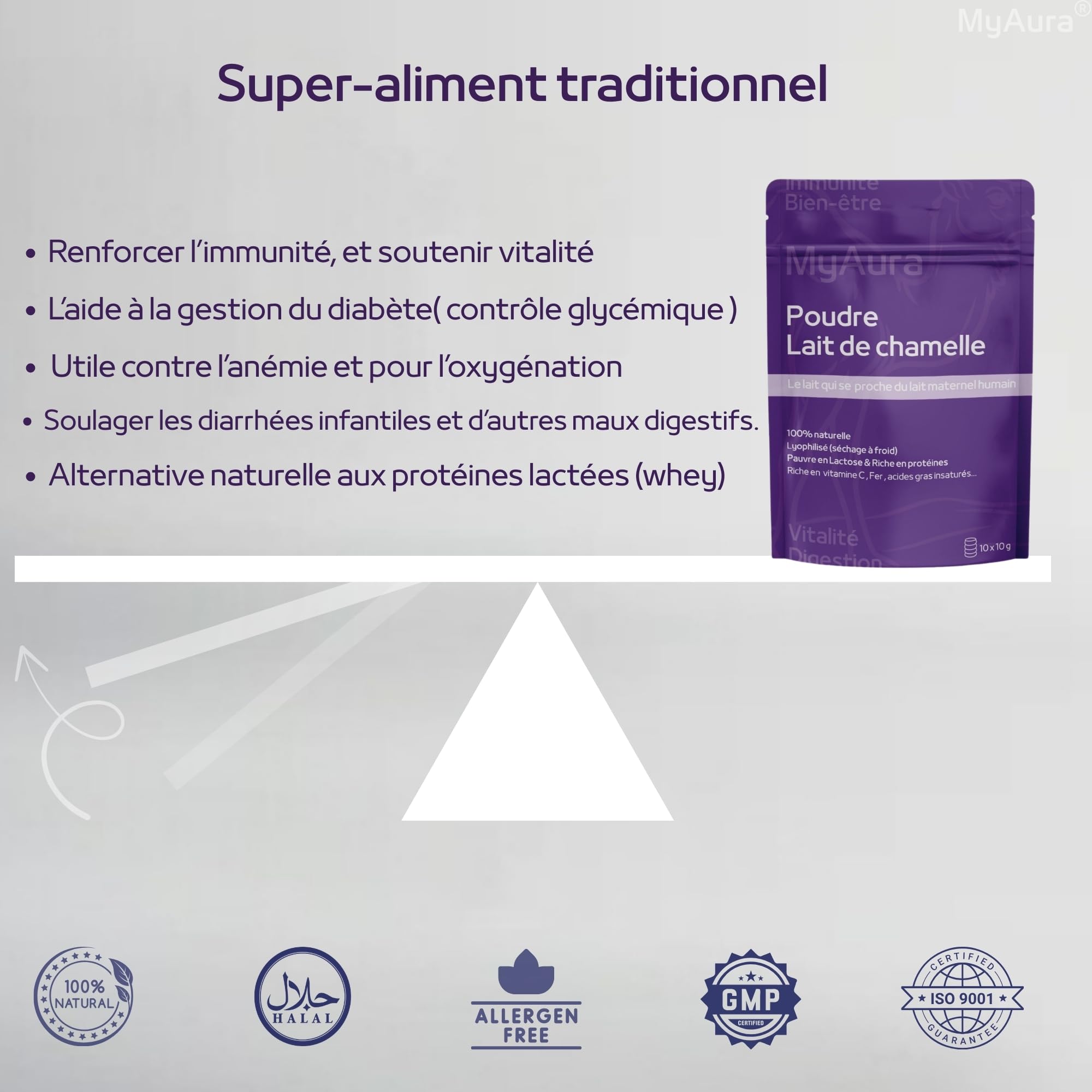 latte di cammello in polvere -Qualità premuim- Marchio francese,una composizione vicino al latte materno umano, povero di lattosio,Ricco di vitamina C, ferro, acidi grassi insaturi -100 gr