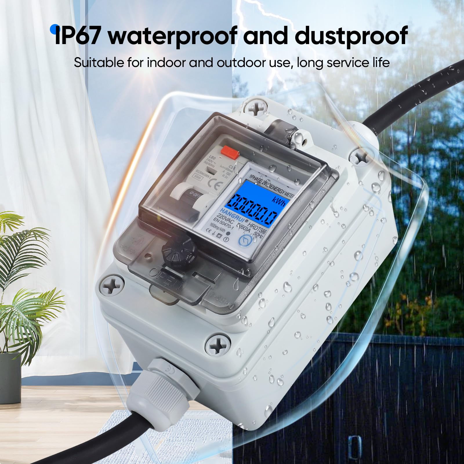 Mobiler Digitaler Stromzähler 230V 60A, Stromzähler für Steckdose mit Typ A fi ls Schutzschalter 16A und Schuko Stecker Ip65, Mobile Outdoor KWH Messgerät für Wohnmobile Elektrofahrzeuge