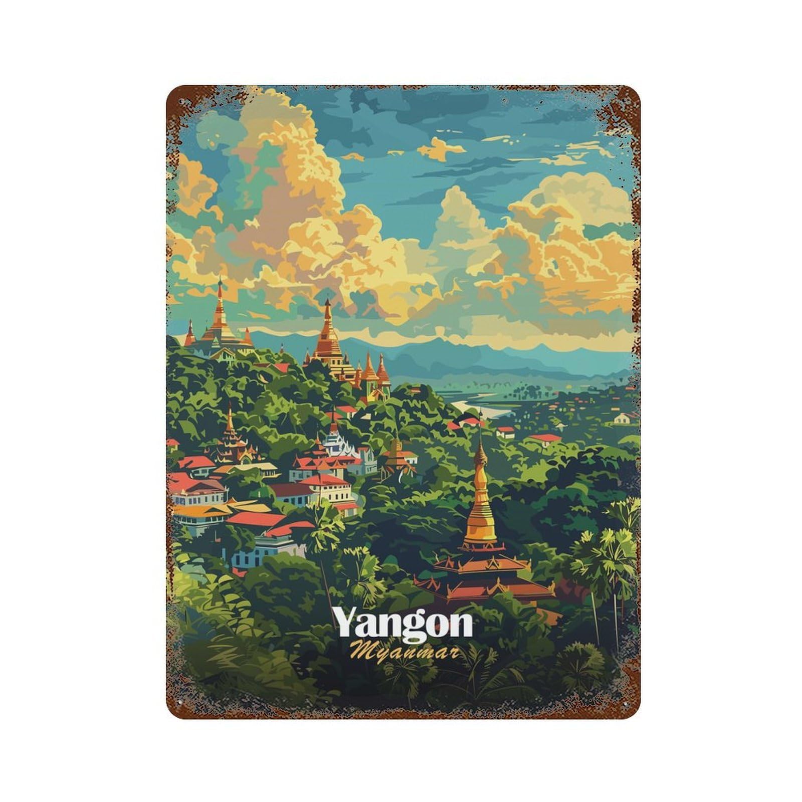 Yangon, Myanmar Cityscape 15.7"x11.8" Rustic Tin Plaque, Novelty Wall Decor for Living Room, Hallway And Home Decor