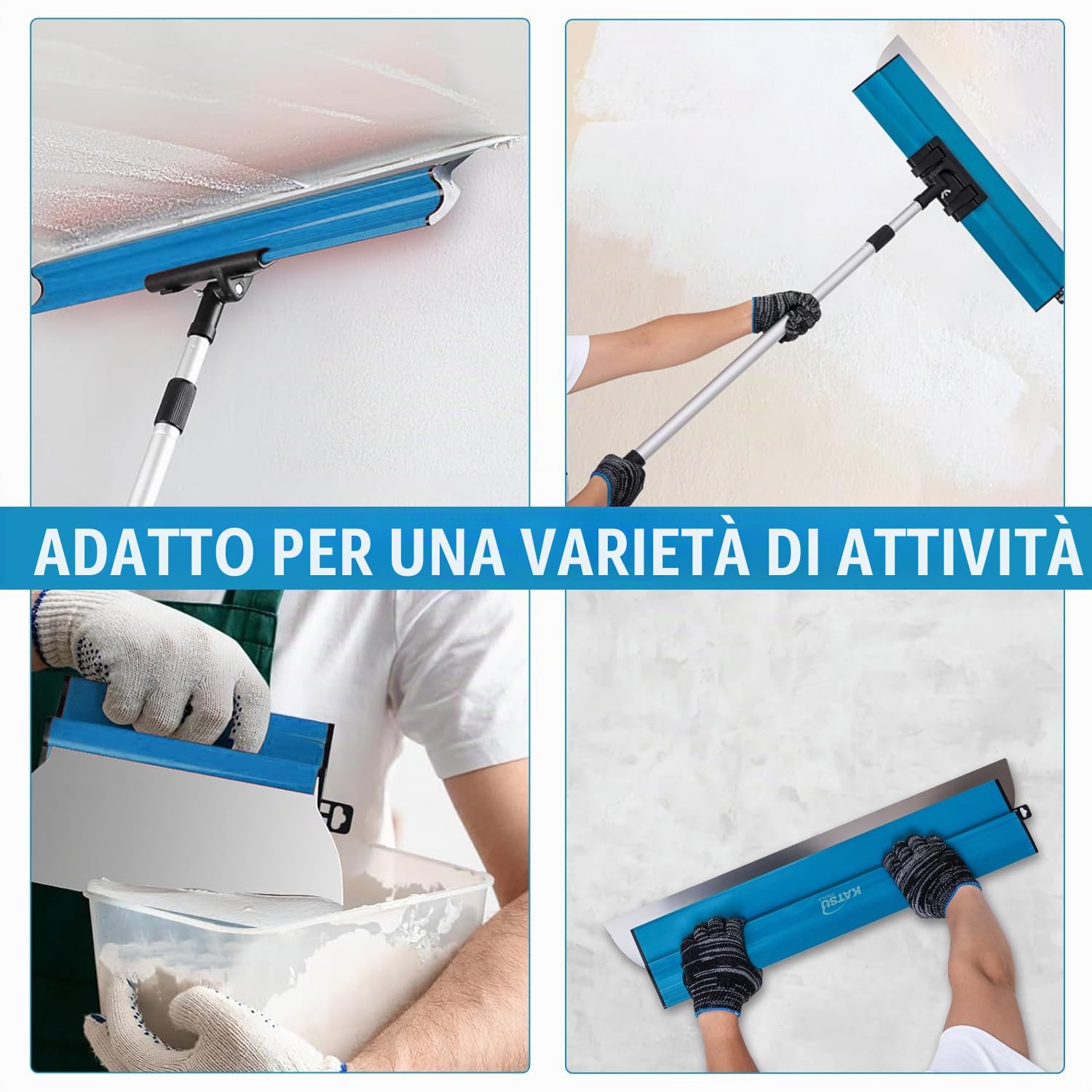 KATSU Tools Spatole per Stucco Kit, Frattazzo per Stucco in Acciaio Inox da 25+40+60+80 cm, Spatola di Finitura per Intonacare Pareti e Soffitti