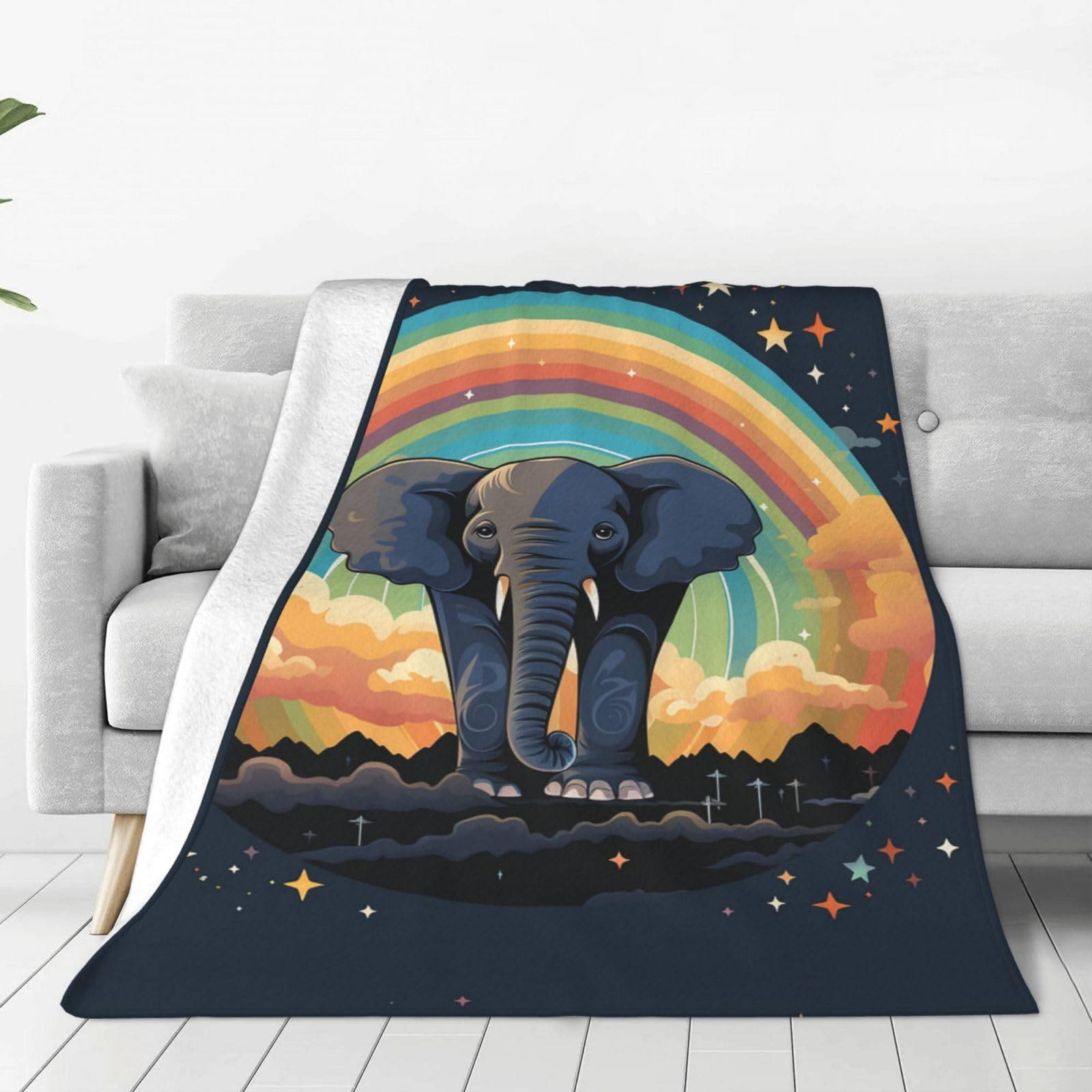 Cute Elephant Rainbow Throw Blanket for Couch, Plush Fuzzy Soft Flannel Blankets and Throws for Sofa, 50"x40" Bed Blankets for Travel Camping Chair, All Season Warm Fleece Blanket