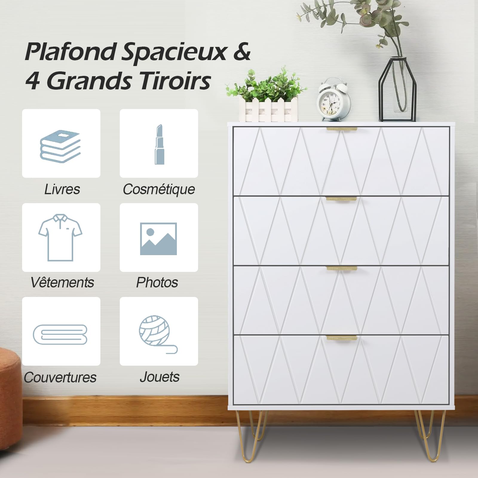 UEV Commode 4 Tiroirs, Meuble de Rangement Bois, Style Simple et Élégant, Manche et Pieds Couleurs Dorées, 60 x 34 x 91 cm, Buffet pour Chambre, Salon, Bureau, Blanc