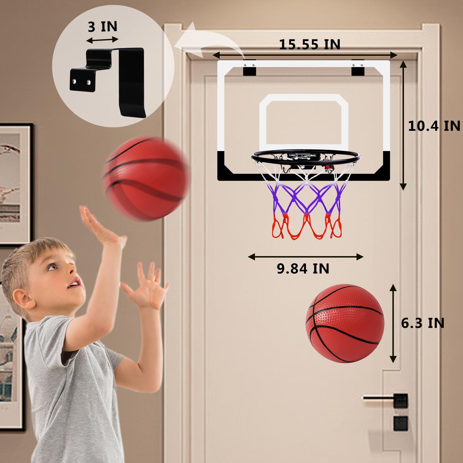 Mini Canasta Baloncesto para Niños, Aro de Baloncesto Interior Exterior Montado en la Pared, Kit de aro de Baloncesto Profesional con 4 Pelotas, Regalo para Niños y Niñas