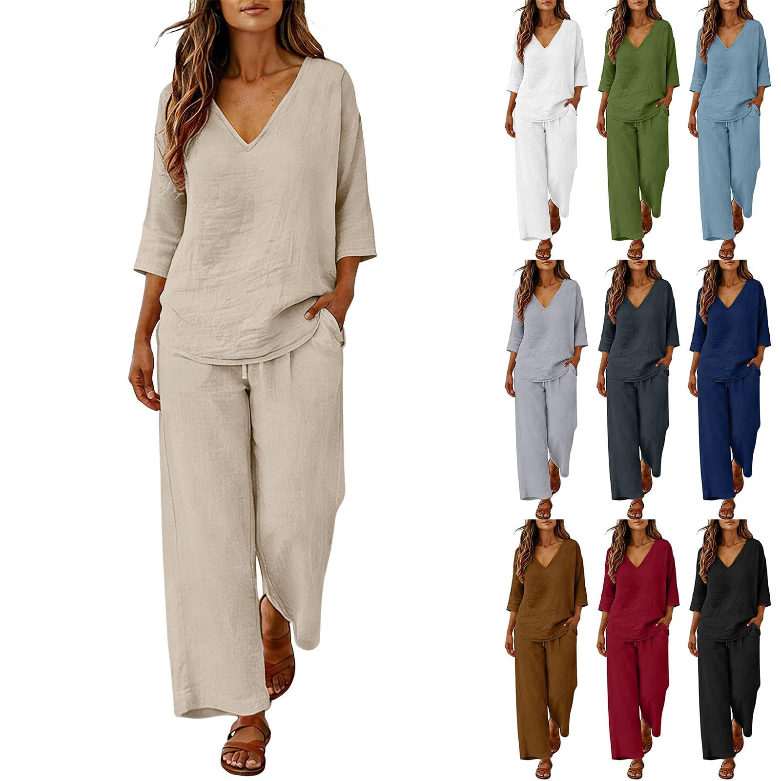 Ensemble En Lin Femme 2 Pieces Chic Et Elegant Léger Été Loungewear De Jogging Maison Ample Lâche Avec Cordon Serrage Décontractée Demi-Manche Chemise Col V Pantalon Large Fluide Tenue Grande Taille