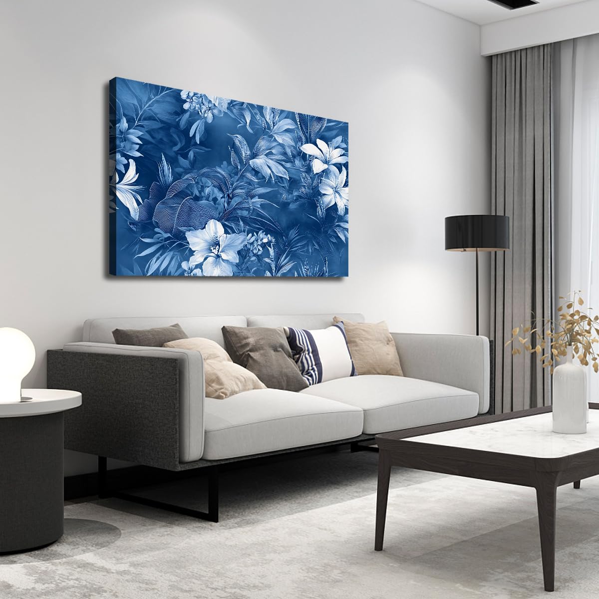 CHERHERART Art mural en toile florale tropicale bleue motif de feuilles bleu marine affiches imprimées pour la salle de bain décoration de chambre toile botanique 85x140cm sans cadre