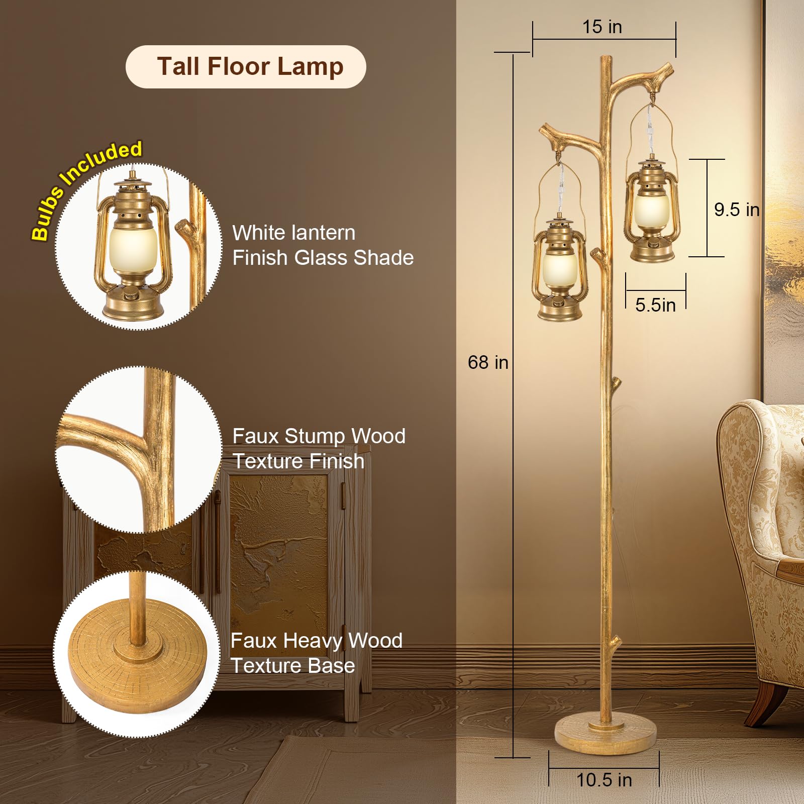 Scenekoy 68” Tall Floor Lamp with Lanterns, Gold Standing Lamp