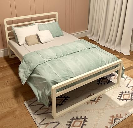 Homdec Leo Metal Platform Bed with Headboard and Footboard, Heavy Duty Mattress Foundation : No Plywood Needed, Noise Free (Ivory, Double)