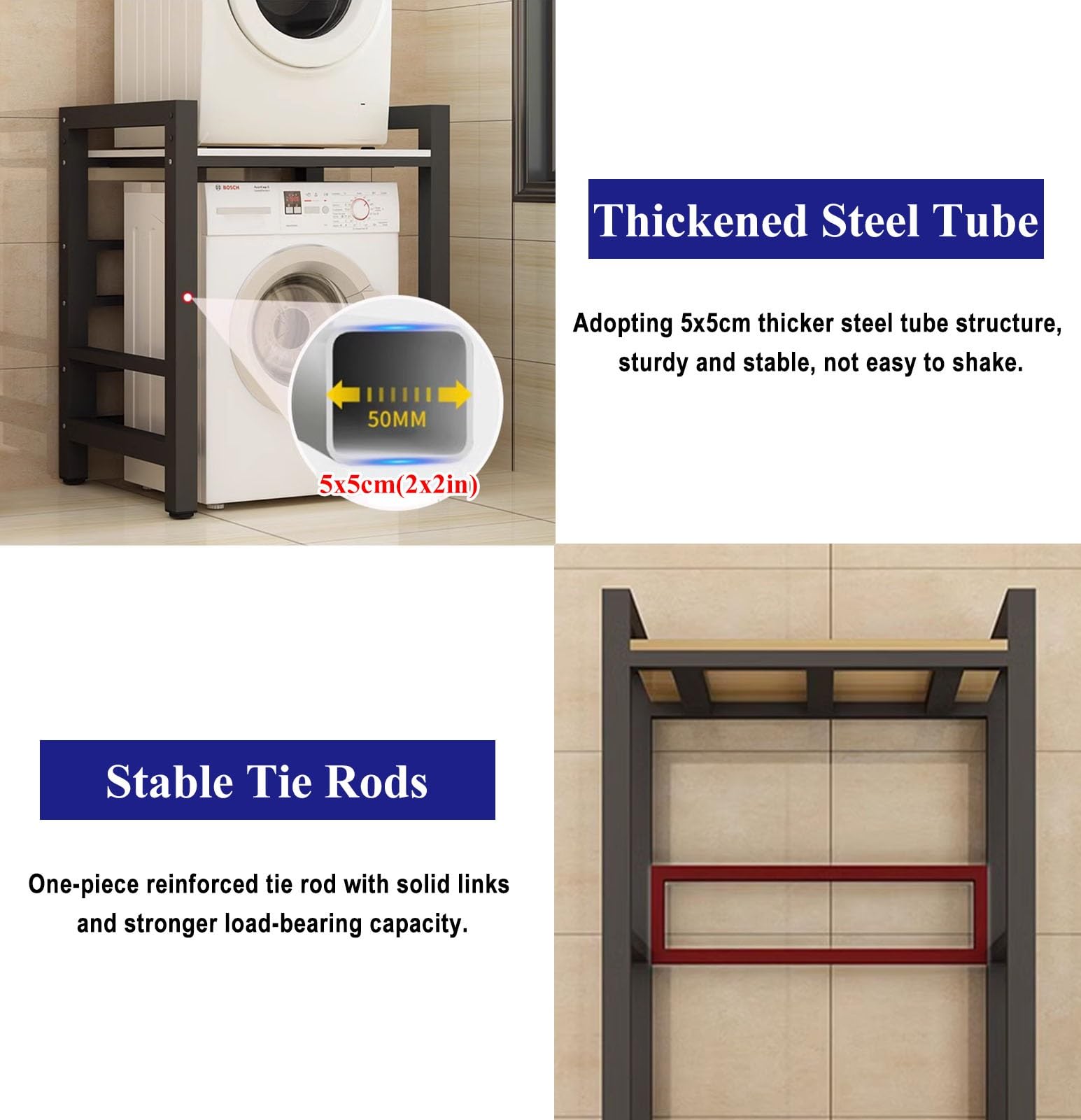 Soporte Lavadora Secadora Estante Apilable para Lavadora y Secadora con Estructura de Acero. Estante de Almacenamiento Apilable para Lavadora y Secadora. Encimera de Madera de Altura Ajustable(Black)