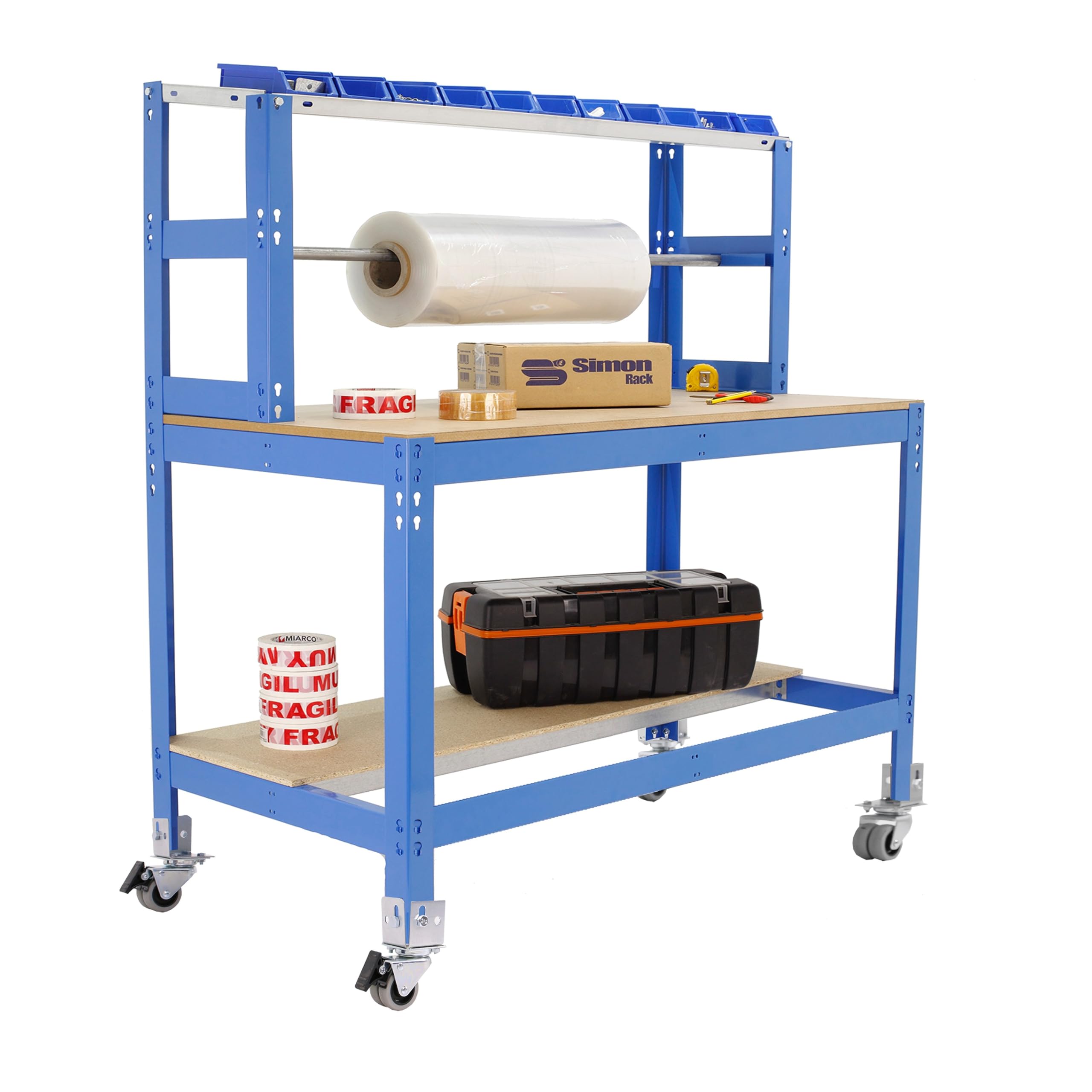 Simon Rack Banco de Trabajo Taller con Ruedas 1510x760 mm - BT4 | Porta Rollo, Tablero madera 16 mm, Capacidad Carga 120 kg, Azul , Pintura anticorrosión, Montaje sistema clic