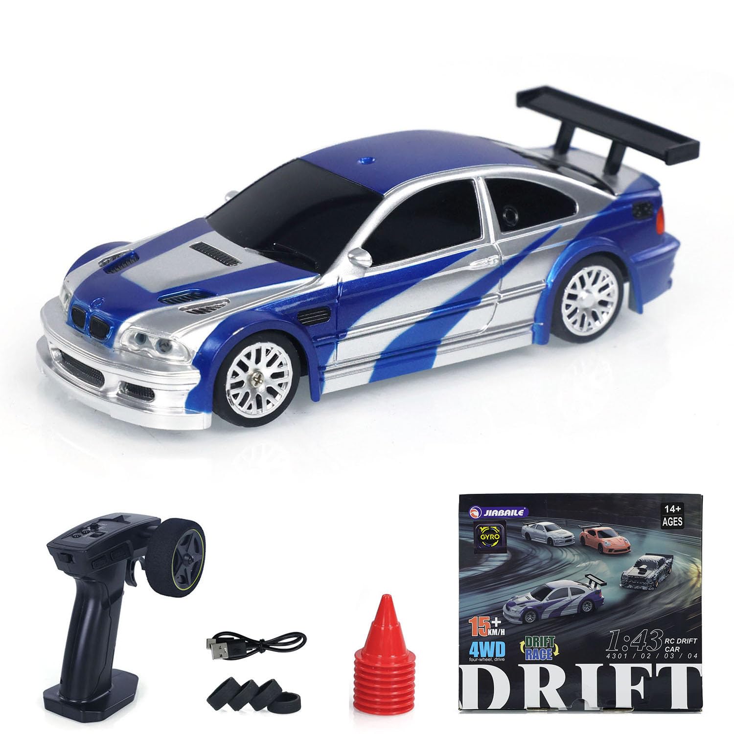 1/43 Scale RC Drift Race Vehicle Upgraded Gyro Version 4WD Ready to Go Small Toy Car Mini Car High Speed Model for Hobby Collection Gift Boys Ages 14+(Blue and Silver)