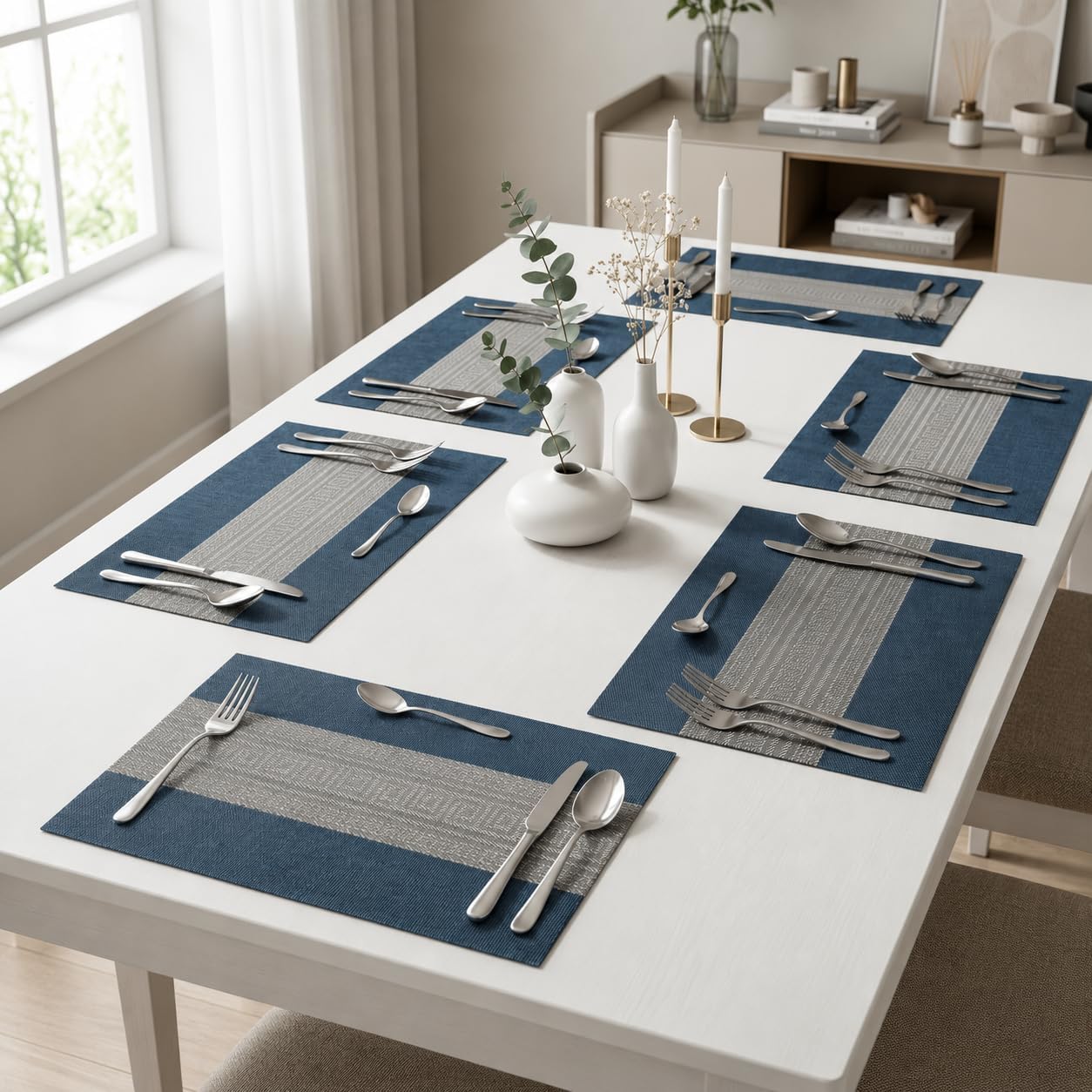 Fideo Rectangular Crossweave PVC Vinyl Placemats Set of 4 | Blue Dining Table Mats | Non Slip Heat Resistant Waterproof Washable Stain Resistant | Kitchen Dining Home Restaurant Table Protector