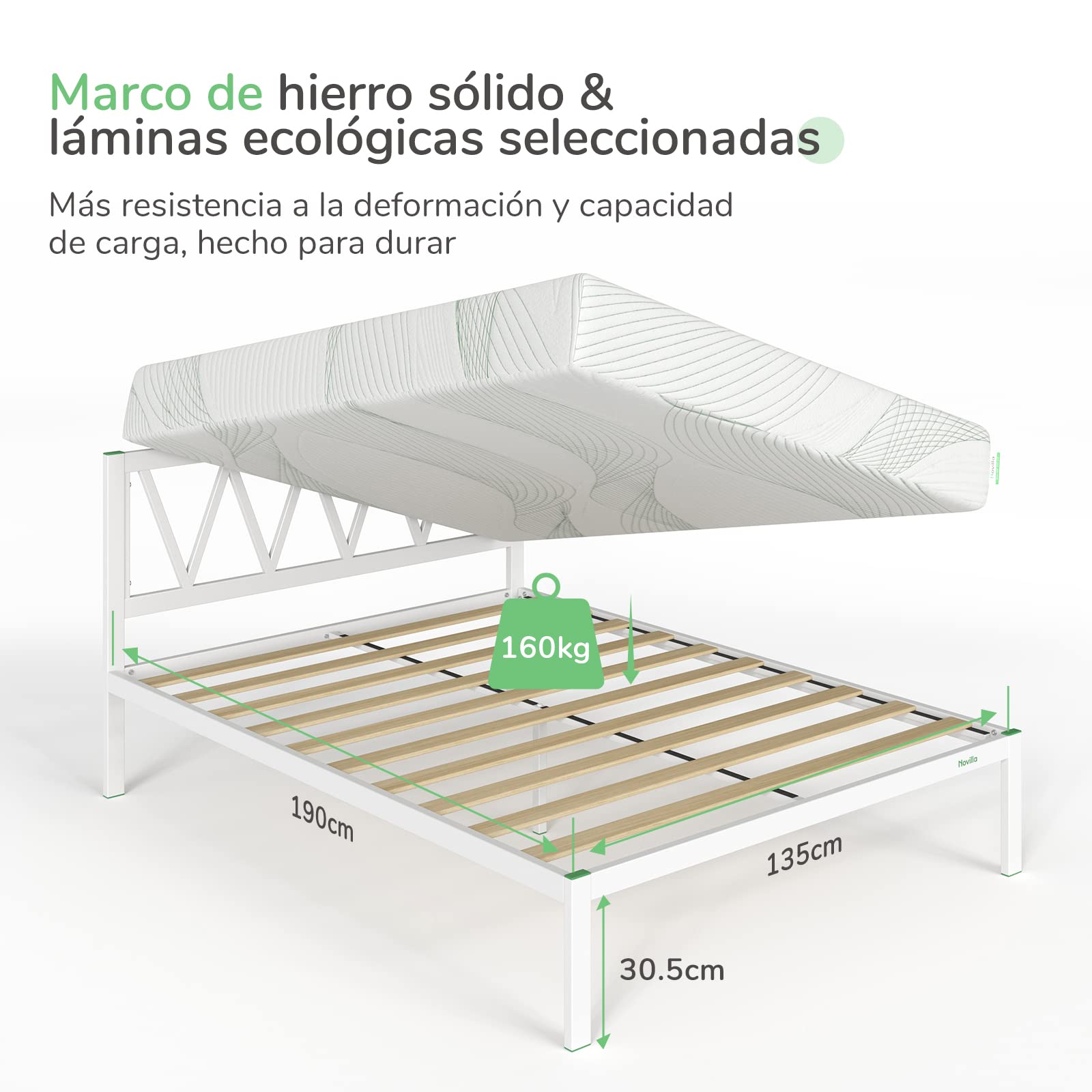 Novilla Somier 135x190 cm con 5 Patas Altas y cabecero, 30cm Altura, Eco Estructura metálica de Cama de Acero con láminas de chopo, Anti-Ruido y fácil de Montar (Avanzado, Blanco)