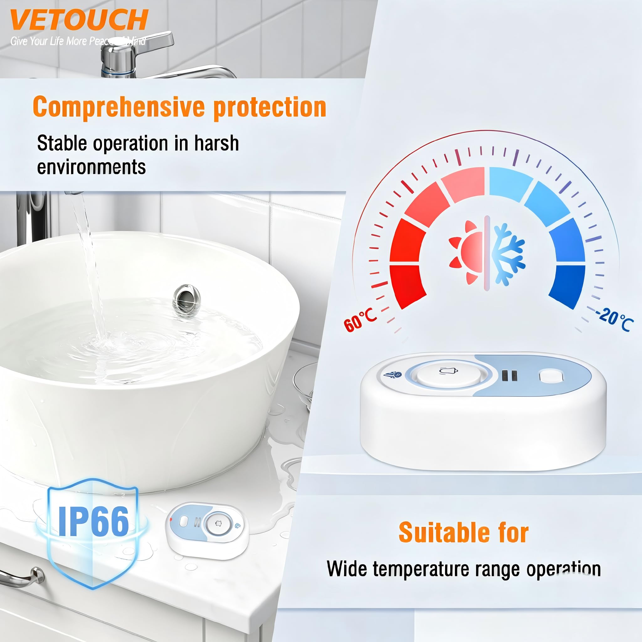 Detector de fugas de agua con alarma fuerte, sirena de 100 dB y flash LED, alarma con sensor de agua para el hogar, sótano, bomba de sumidero, cocina, baño, RV, calentador de agua, interior y