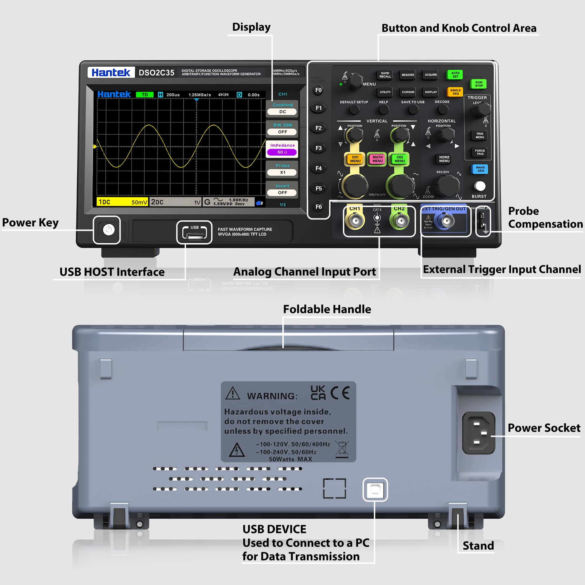 Hantek Oscilloscopio digitale DSO2C35, larghezza di banda 350 MHz con doppio canale, frequenza di campionamento 2GSa/s, supporto 32 misurazioni automatiche (350 MHz/2CH/Hantek DSO2C35)