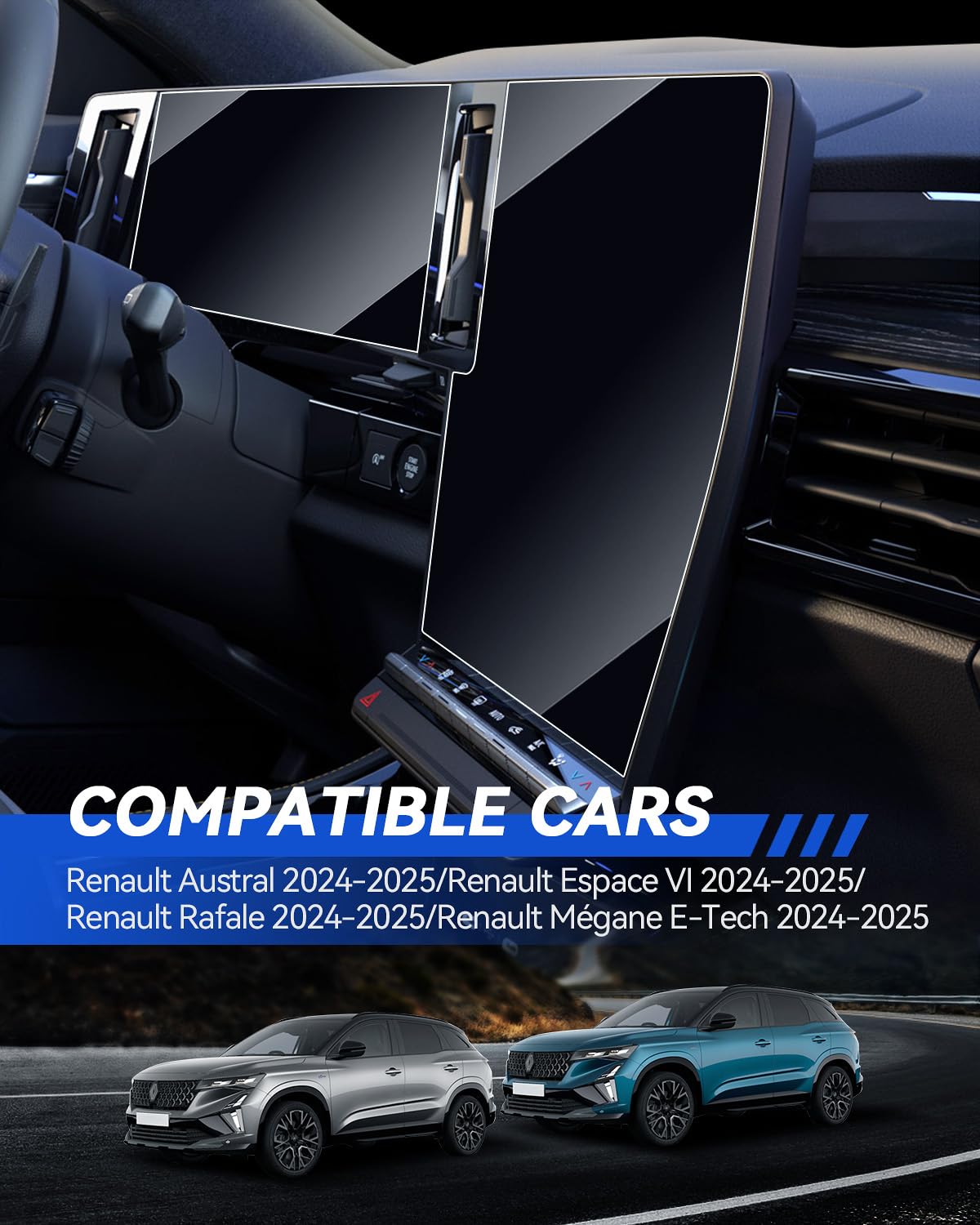 Serie Nano Protector de pantalla 4 piezas para Renault Austral, Espace 6, Rafale y Megane E-Tech 2024-2025 con navegación de 12" + 12,3" de protección de pantalla de cockpit 6H PET Protector