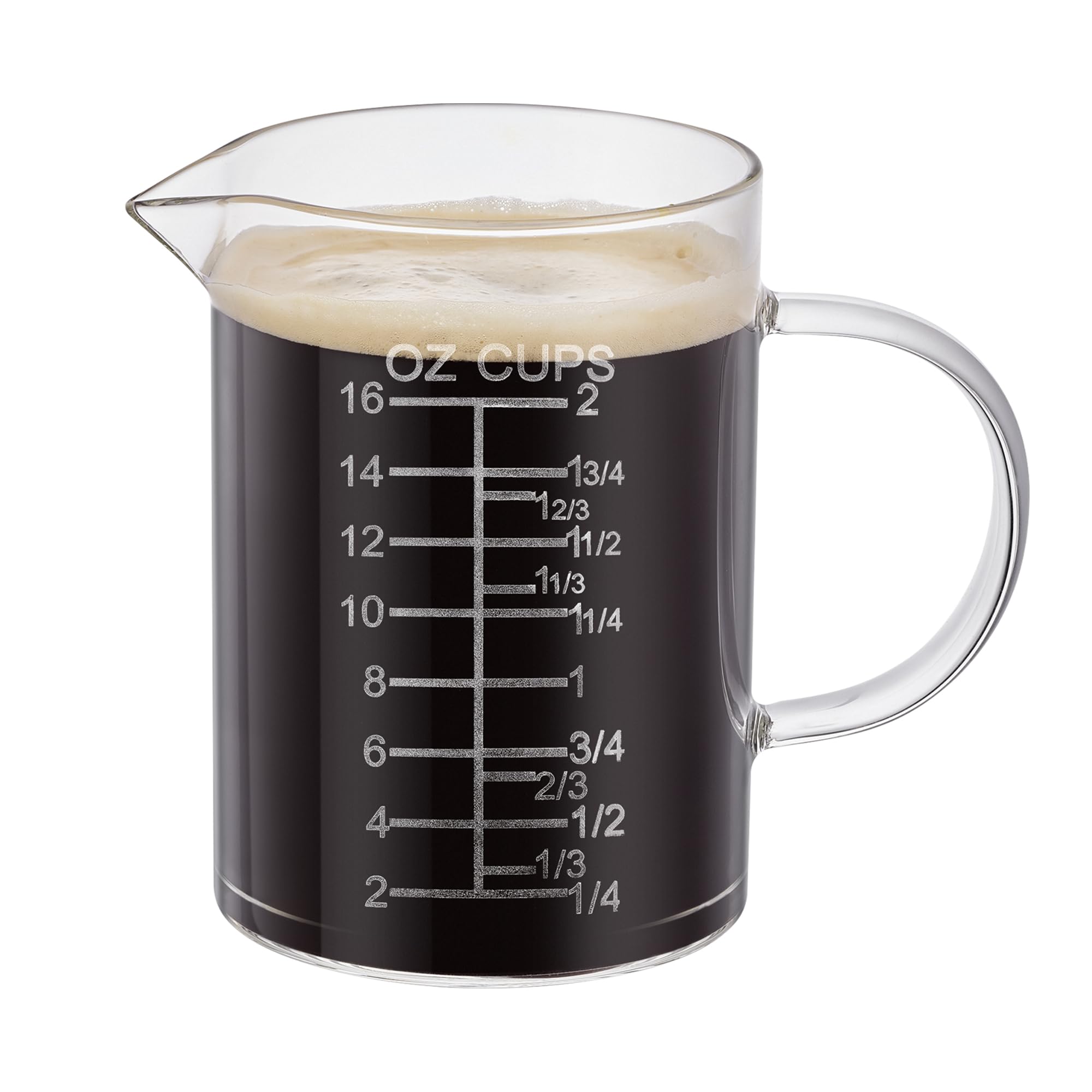 Taza medidora de vidrio graduado grabado, mango aislado, boquilla en forma de V, taza medidora de vidrio de borosilicato alto para cocina o comedor, fácil de leer, 500 ml (16 onzas, 2 tazas)