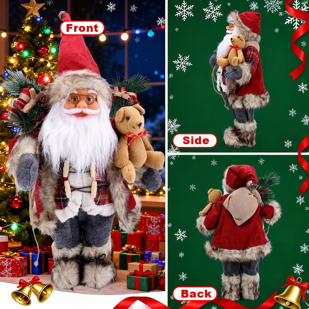 Grande décoration de Père Noël debout - Figurine de Noël debout - Décoration de Noël d'intérieur - Fausse fourrure - Figurine de Père Noël debout traditionnelle pour table de vacances - 45,7 cm