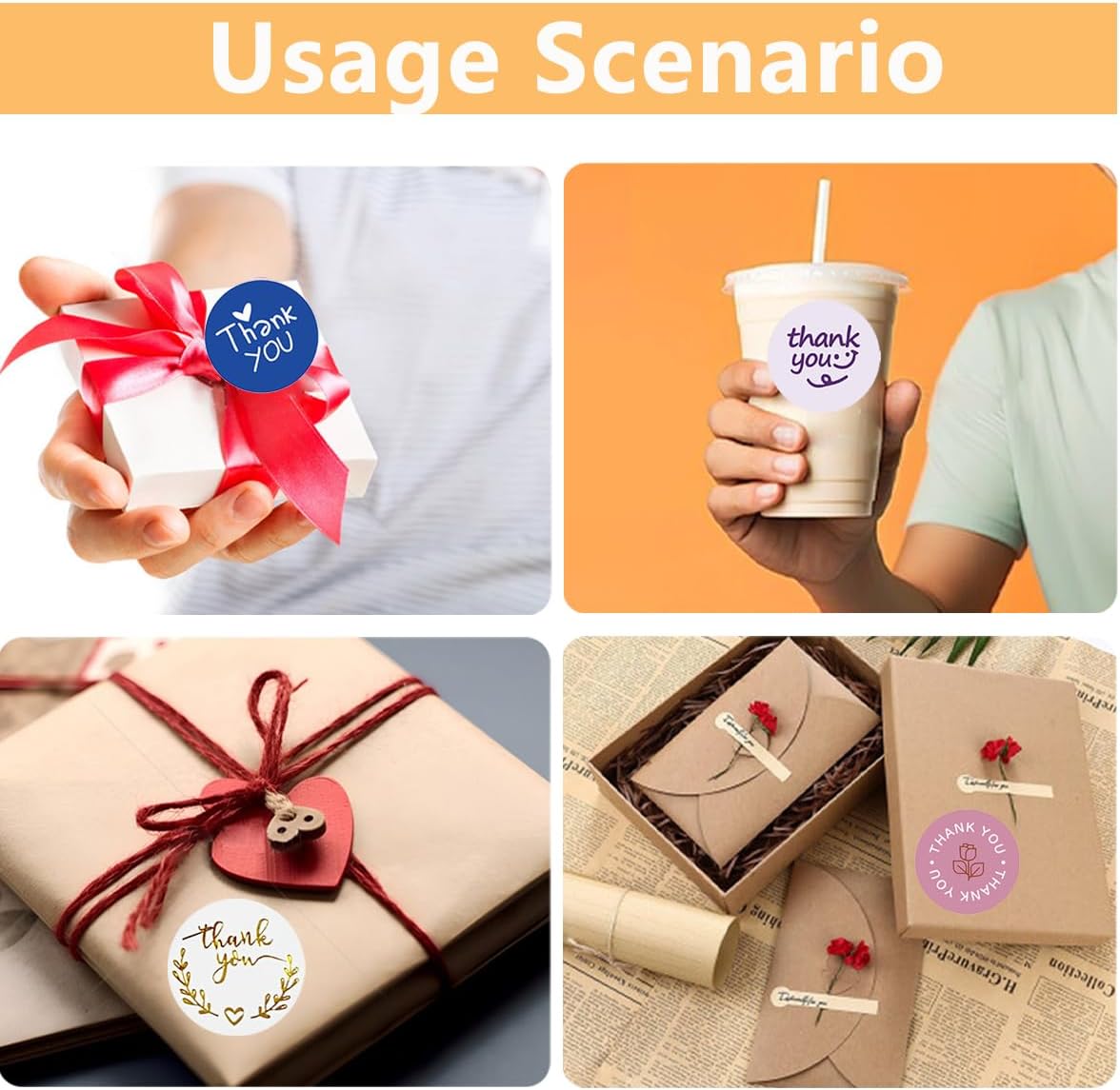 Thank You Sticker Thank You Stickers - 5 Rolls, 2500 Total | Foil, Cartoon & Hand-Drawn Designs | Perfect for Gifts, E-Commerce Packaging & Celebrations (2500Pcs Sticker A) - Image 4