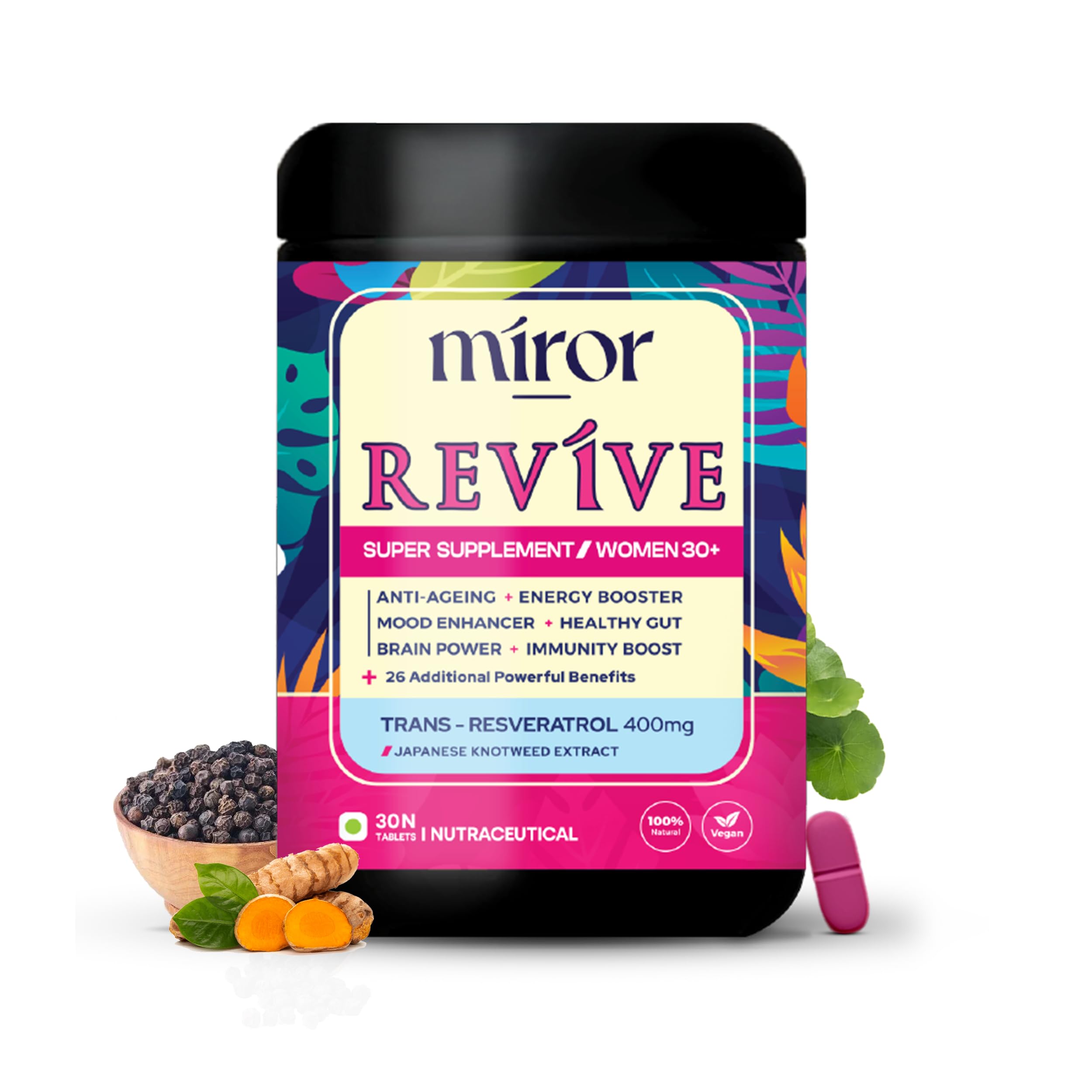 Miror Revive Anti-Aging & Women’s Daily Wellness Supplement with Resveratrol, Glutathione, Curcumin, Probiotics & CoQ10, Energy, Skin Glow, Gut Health & Immunity Support, Non-GMO, (30 Days Pack).