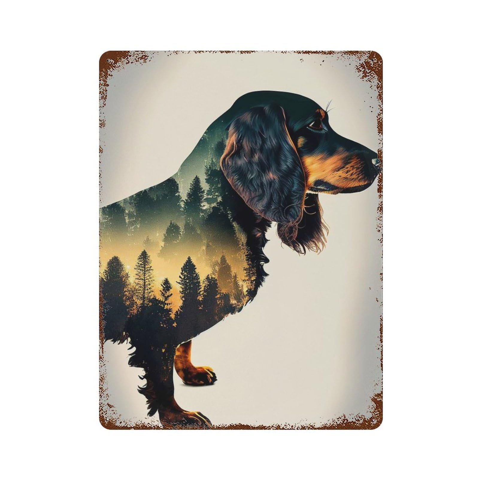 Dachshund Forest Weathered Tin Sign 15.7"x11.8", Ideal for Basement, Hobby Room And Garage Decor