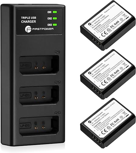FirstPower LP-E10 - Paquete de 3 baterías y cargador de triple ranura compatible con cámaras digitales Canon EOS Rebel T3 T5 T6 T7 T100 Kiss X50 X70