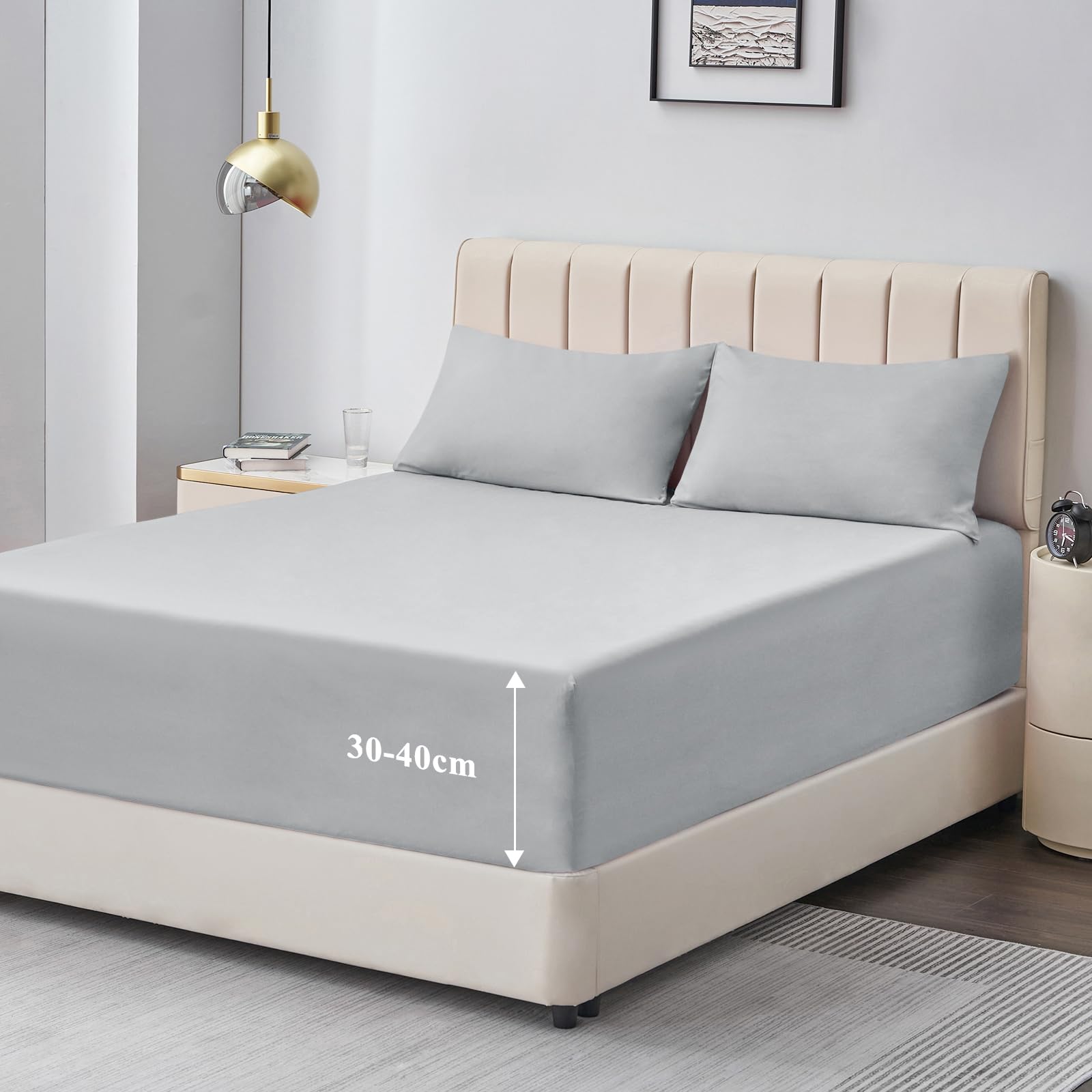 Aisbo King Size Fitted Sheet Grey - Extra Deep Pocket Bed Sheet 16 inch 40 cm - Microfiber Bottom Sheet, 150x200cm