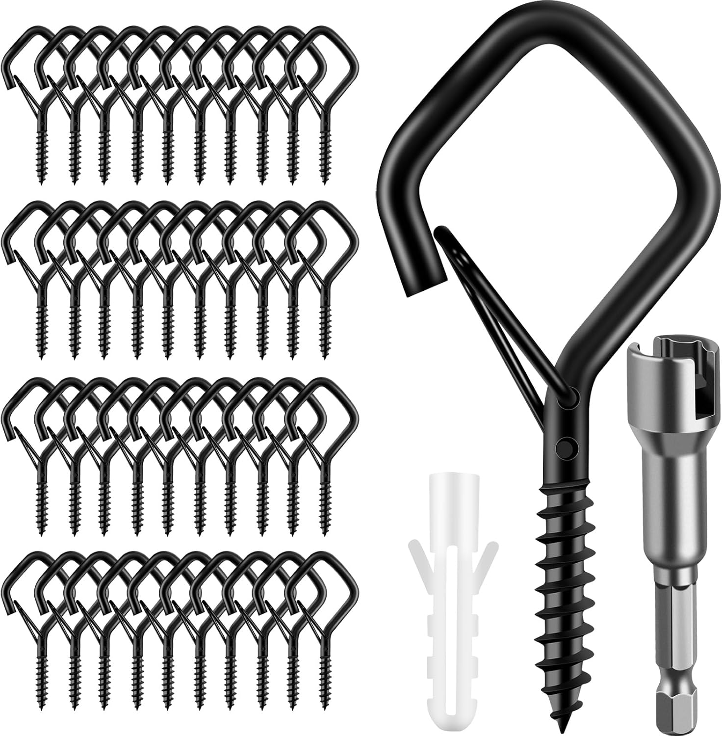 100 Pcs Screw Hooks for Outdoor String Lights, Q-Hanger Hook with Safety Buckle, Patio Wall Ceilling Square Eye Cup Hook for Hanging Plant Pots Christmas Decor Wire Fairy Led, Wind Nut Driver, Black