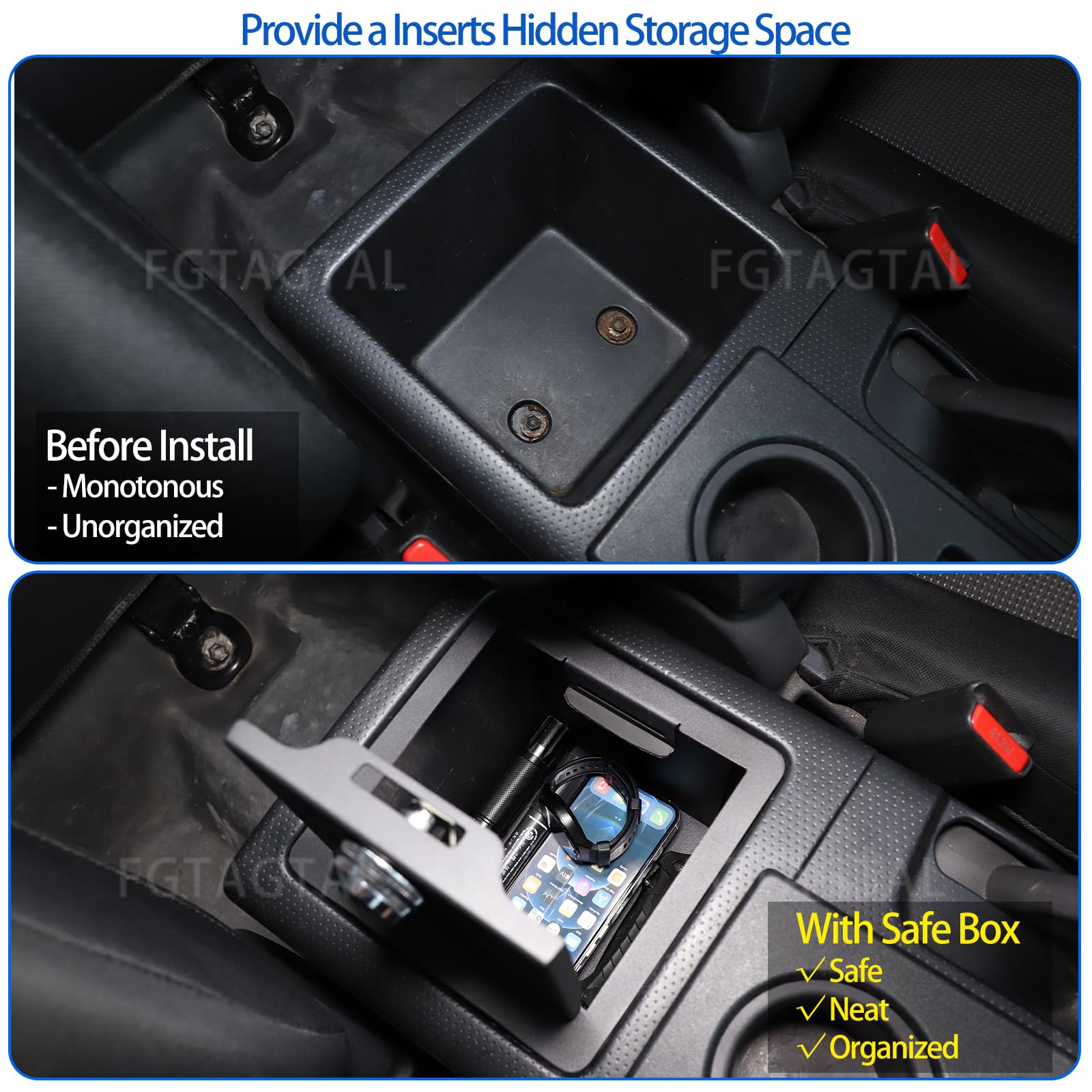 HIRUFAIT Center Console Safe Lockbox Compatible With Toyot@ FJ Cruiser 2007-2021, 3-Digit Combo Lock Console Gun Vault Safe Storage Box Accessories