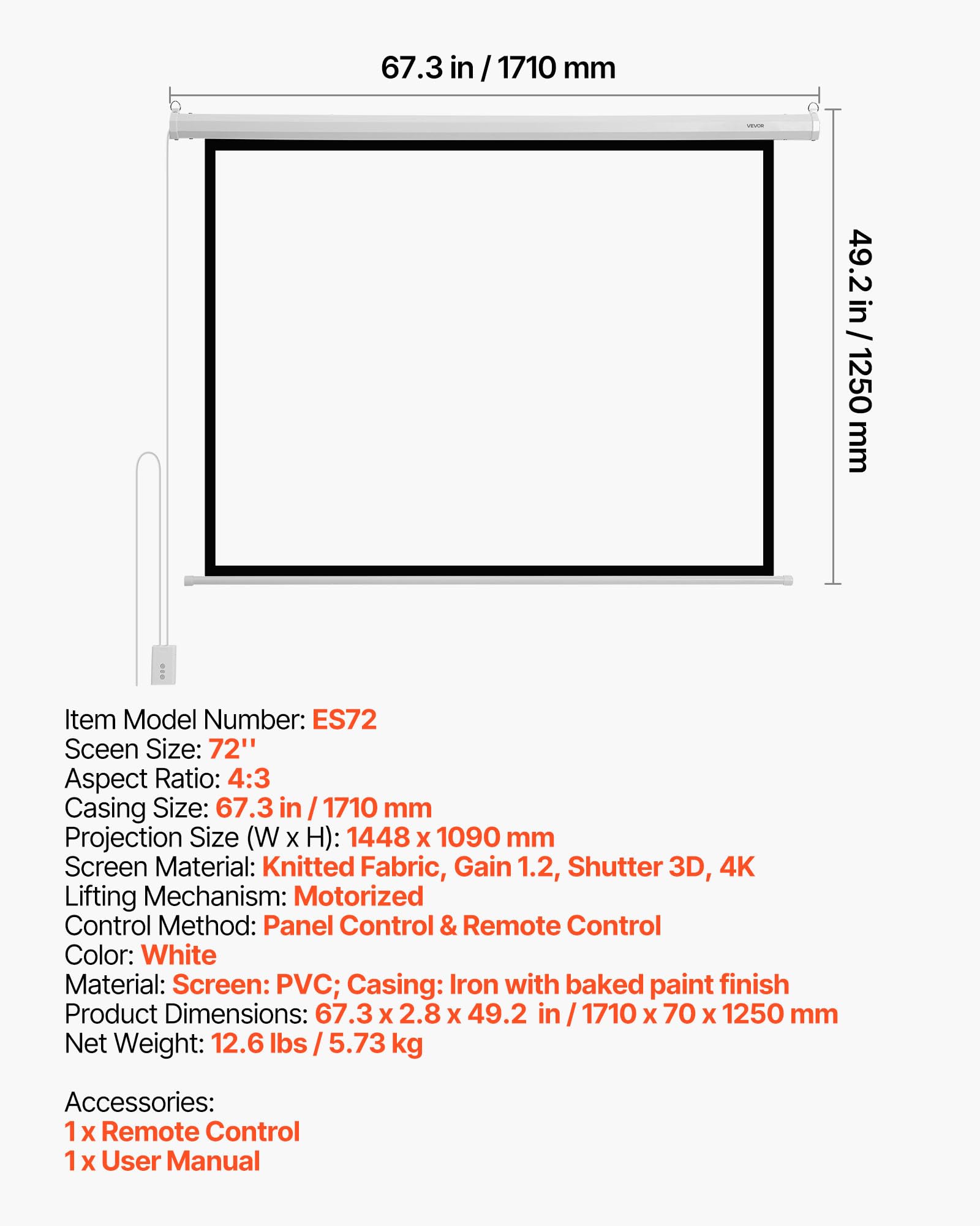VEVOR Pantalla de Proyector Motorizada 1448 x 1090 mm, 4:3, 1080 HD, Pantalla de Proyección Eléctrica de Pared con Control Remoto, Angular de 160°, Material de PVC, para Cine en Casa, Oficina