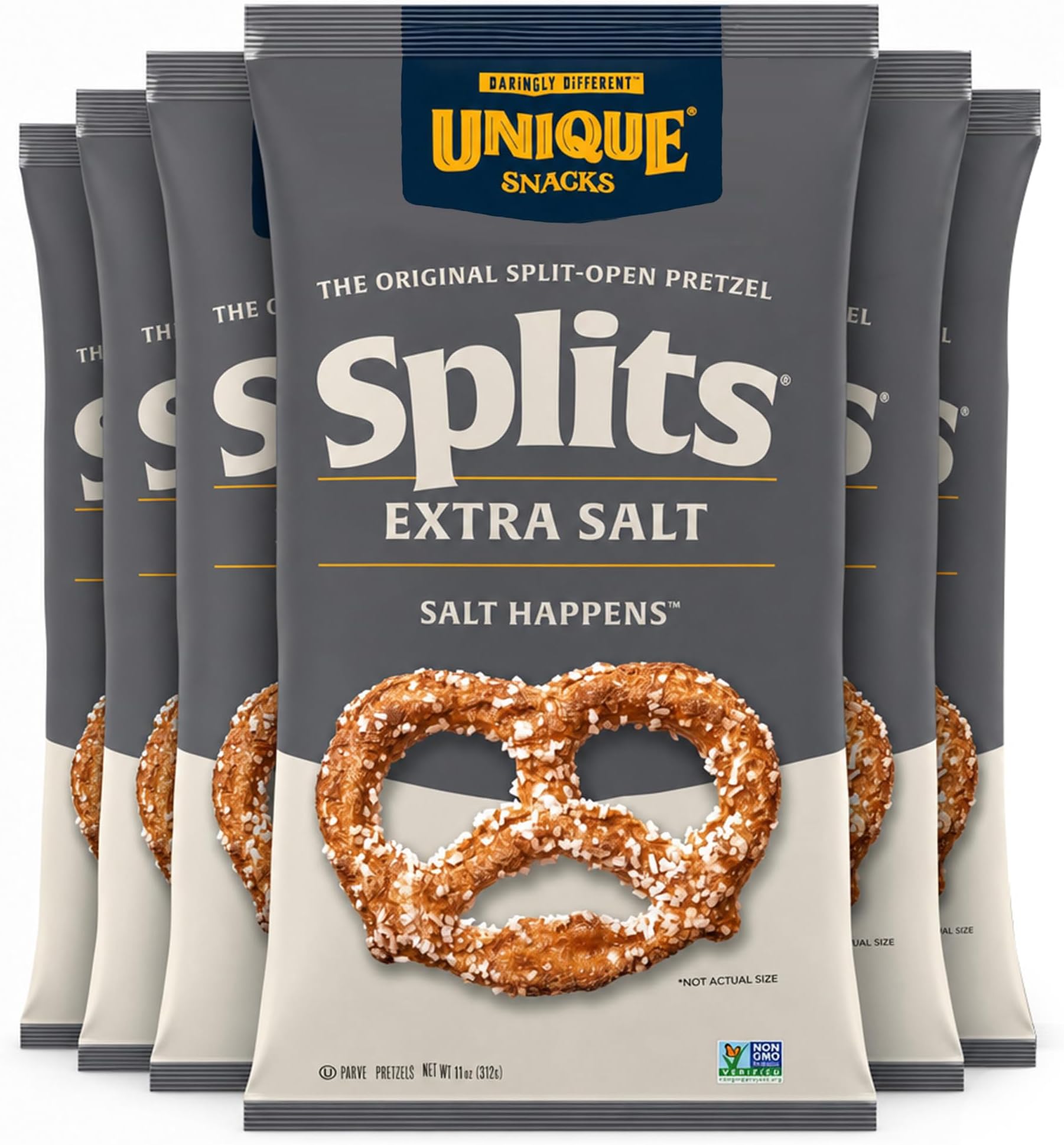 Snacks Extra Salt Splits Pretzels, Original Split-Open Pretzels, Delicious Homestyle Baked Snack Bag, OU Kosher, and Non-GMO Food, No Artificial Flavor, 11 Oz Bag, Pack of 6