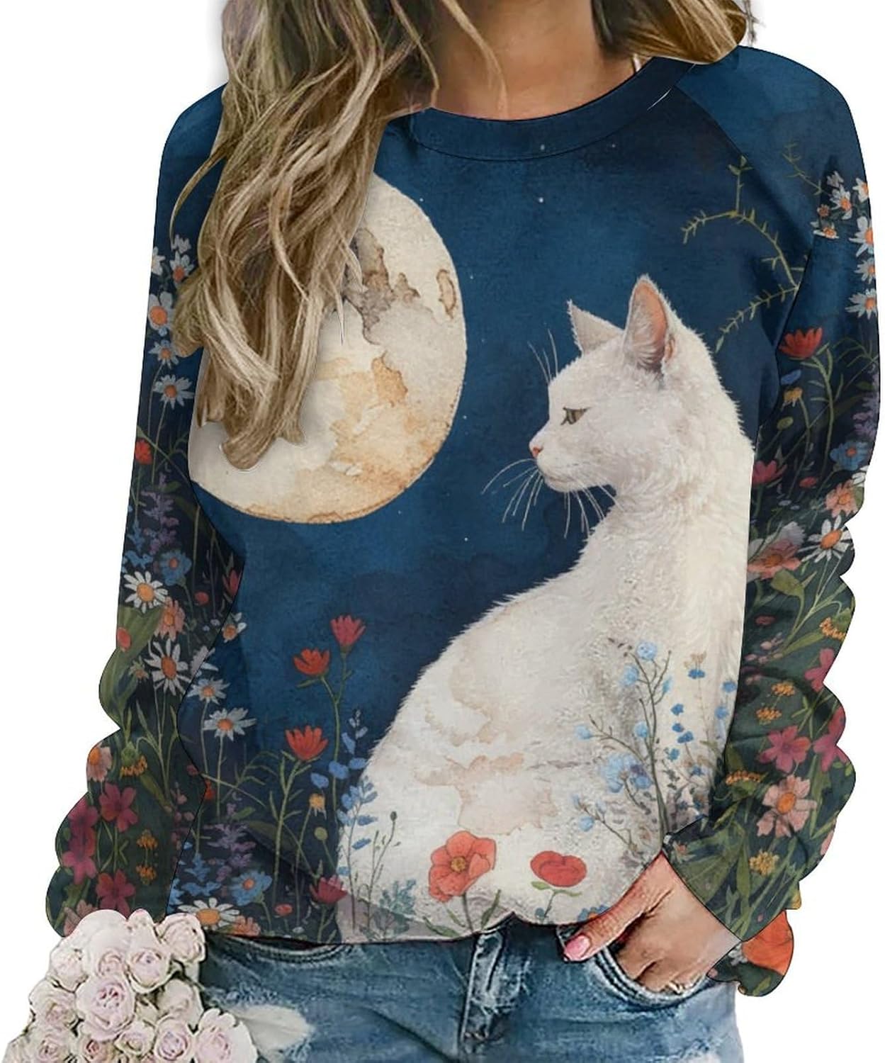 Cat Sweatshirts for Women Long Sleeve Crewneck Pullover Cotton Casual Plus Size Cau...